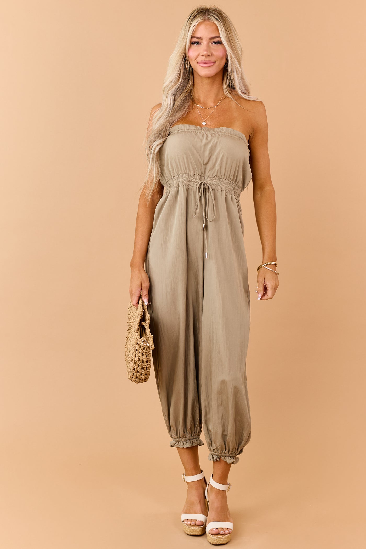 Peanut Strapless Balloon Leg Ruffle Trim Jumpsuit