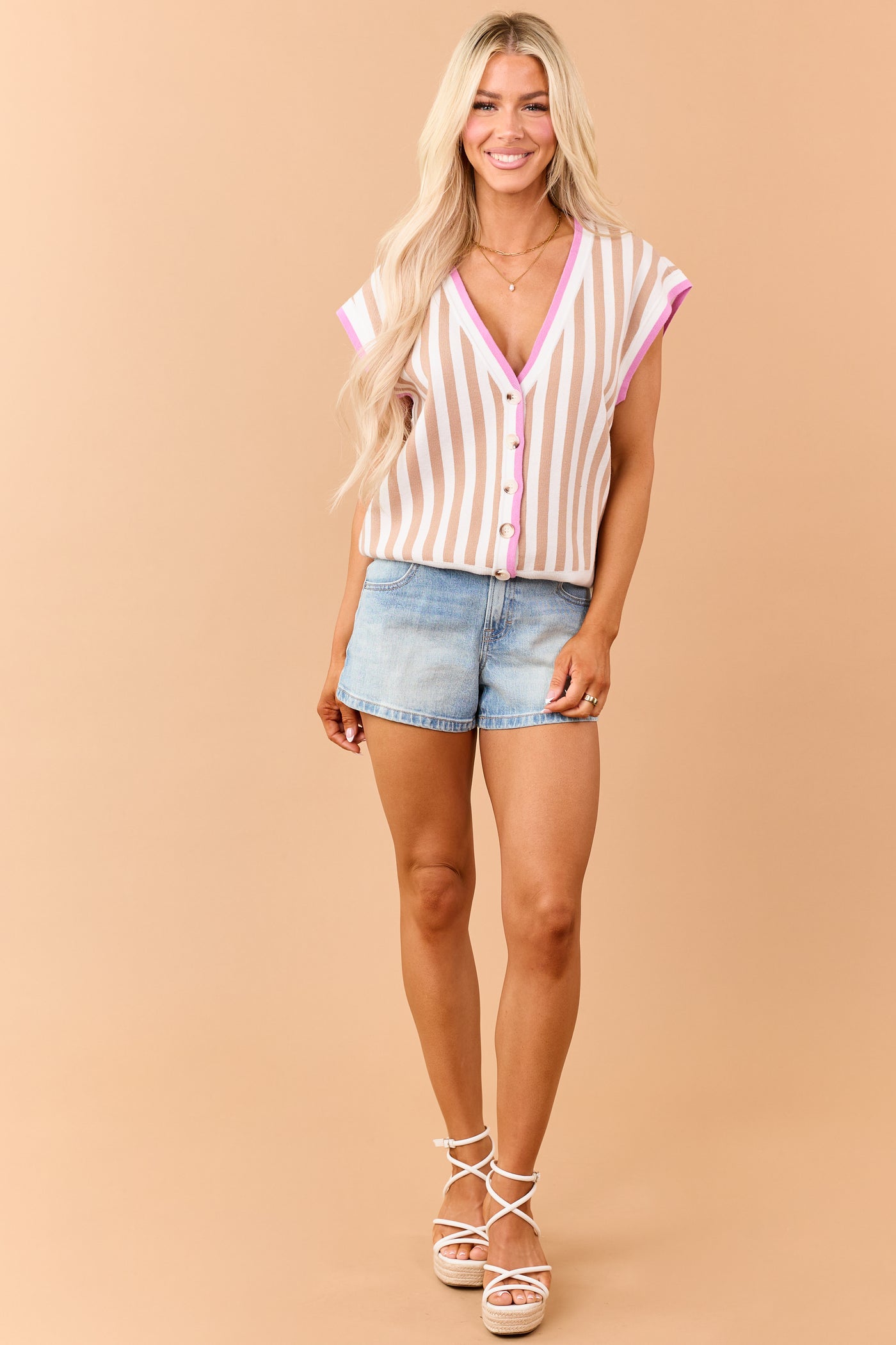 Peanut Striped Button Down Relaxed Sweater Vest