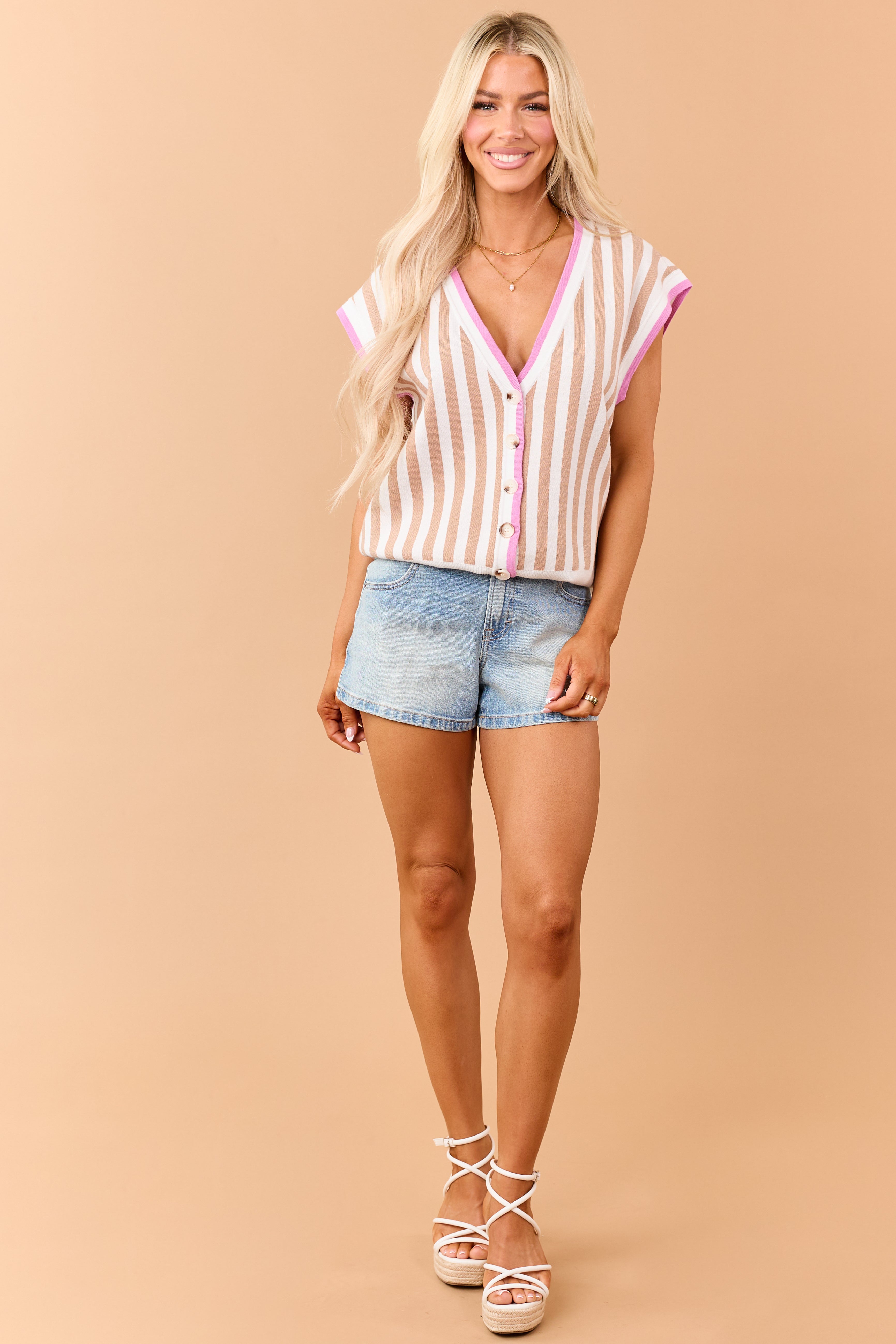 Peanut Striped Button Down Relaxed Sweater Vest