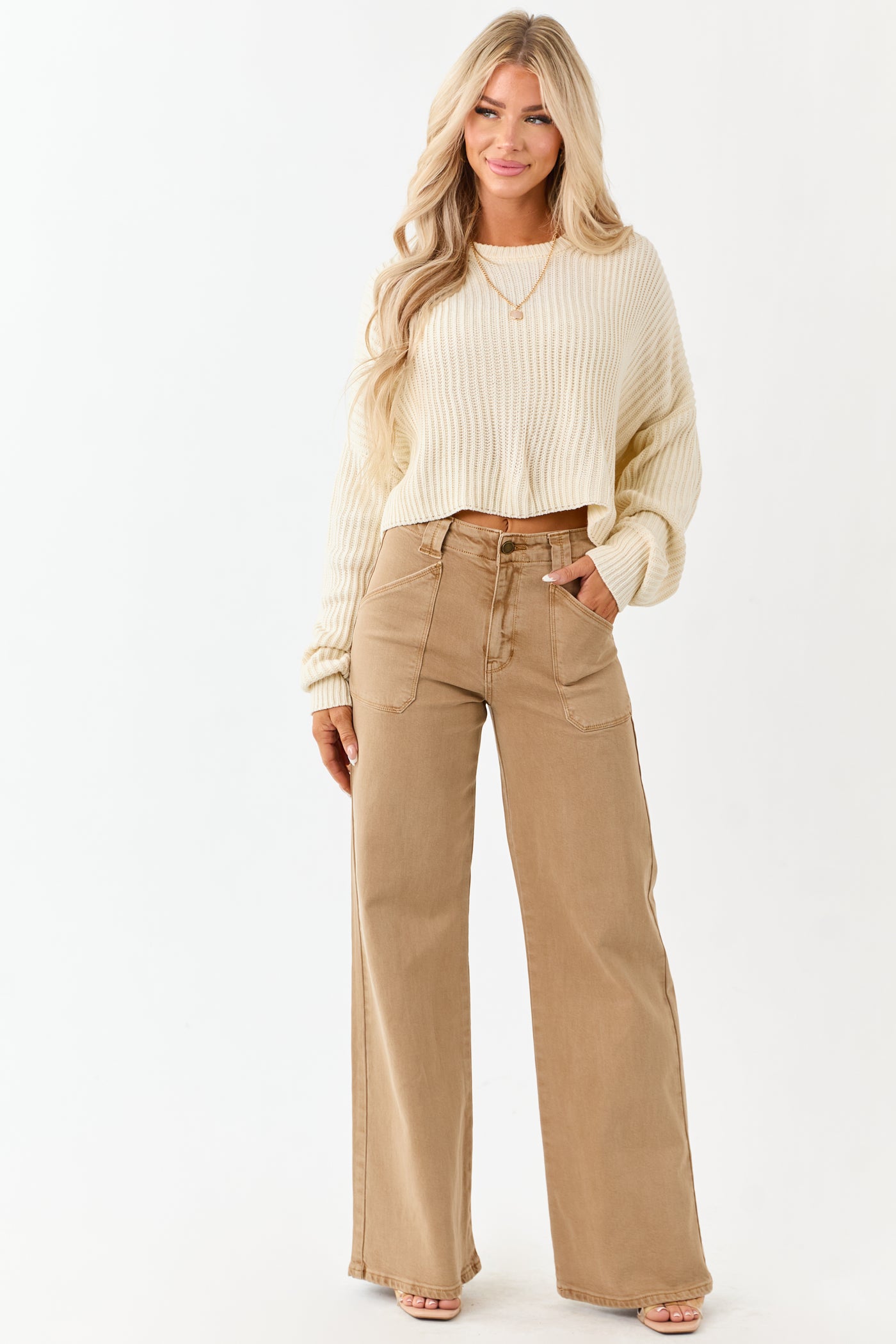 Peanut Washed Stretchy High Rise Wide Leg Jeans