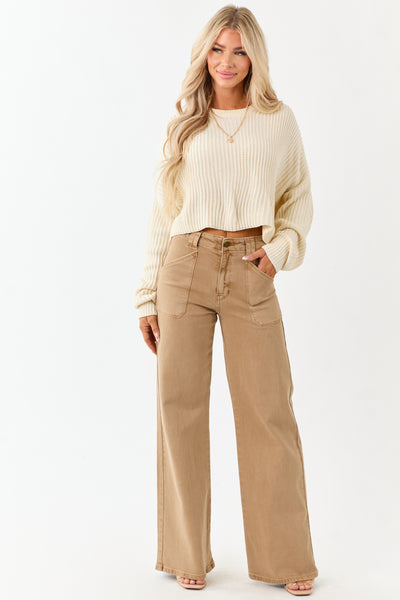 Peanut Washed Stretchy High Rise Wide Leg Jeans