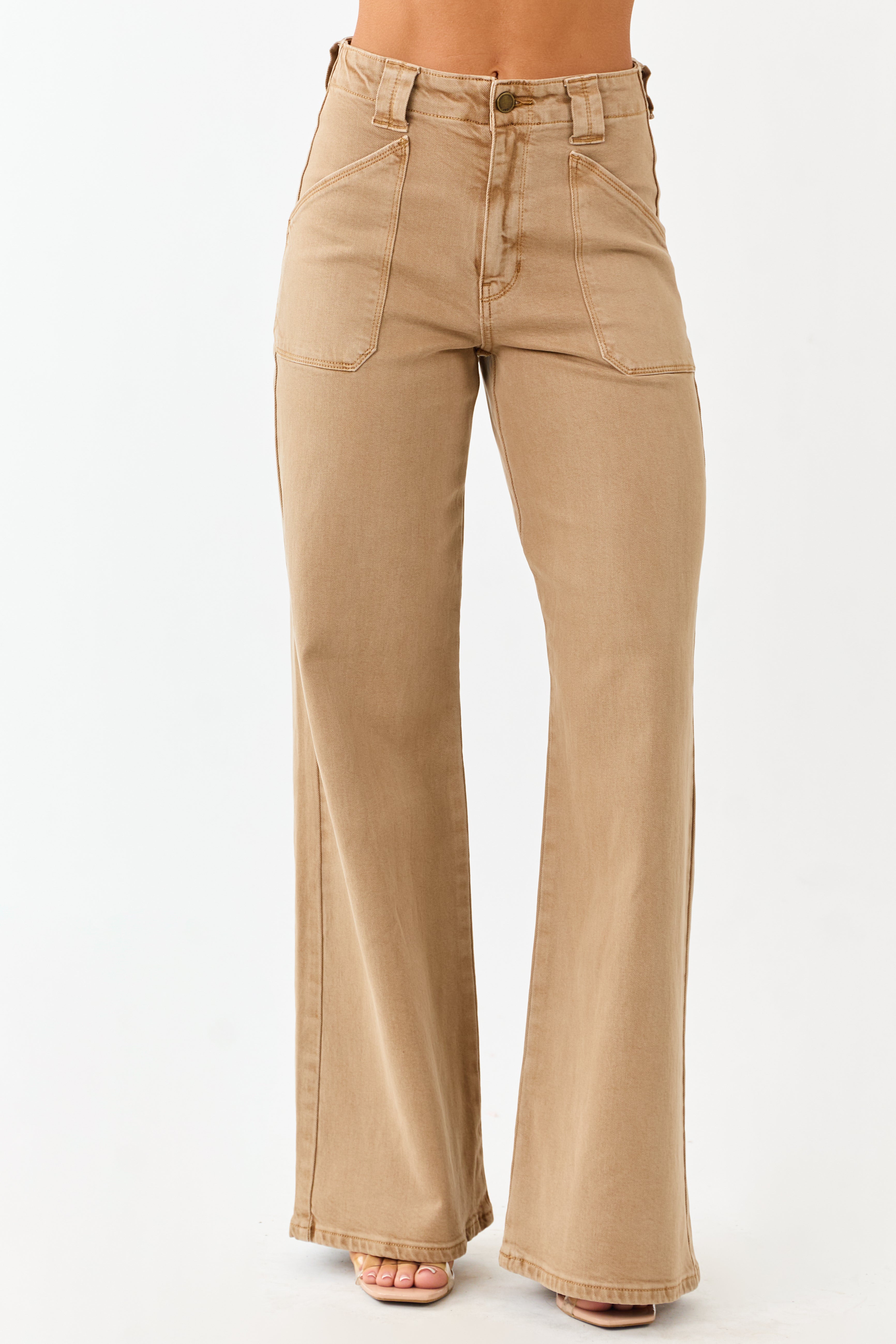 Peanut Washed Stretchy High Rise Wide Leg Jeans