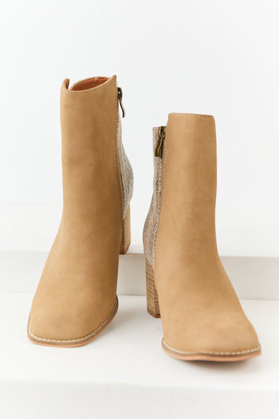 Peanut Faux Snakeskin Contrast Block Heel Booties
