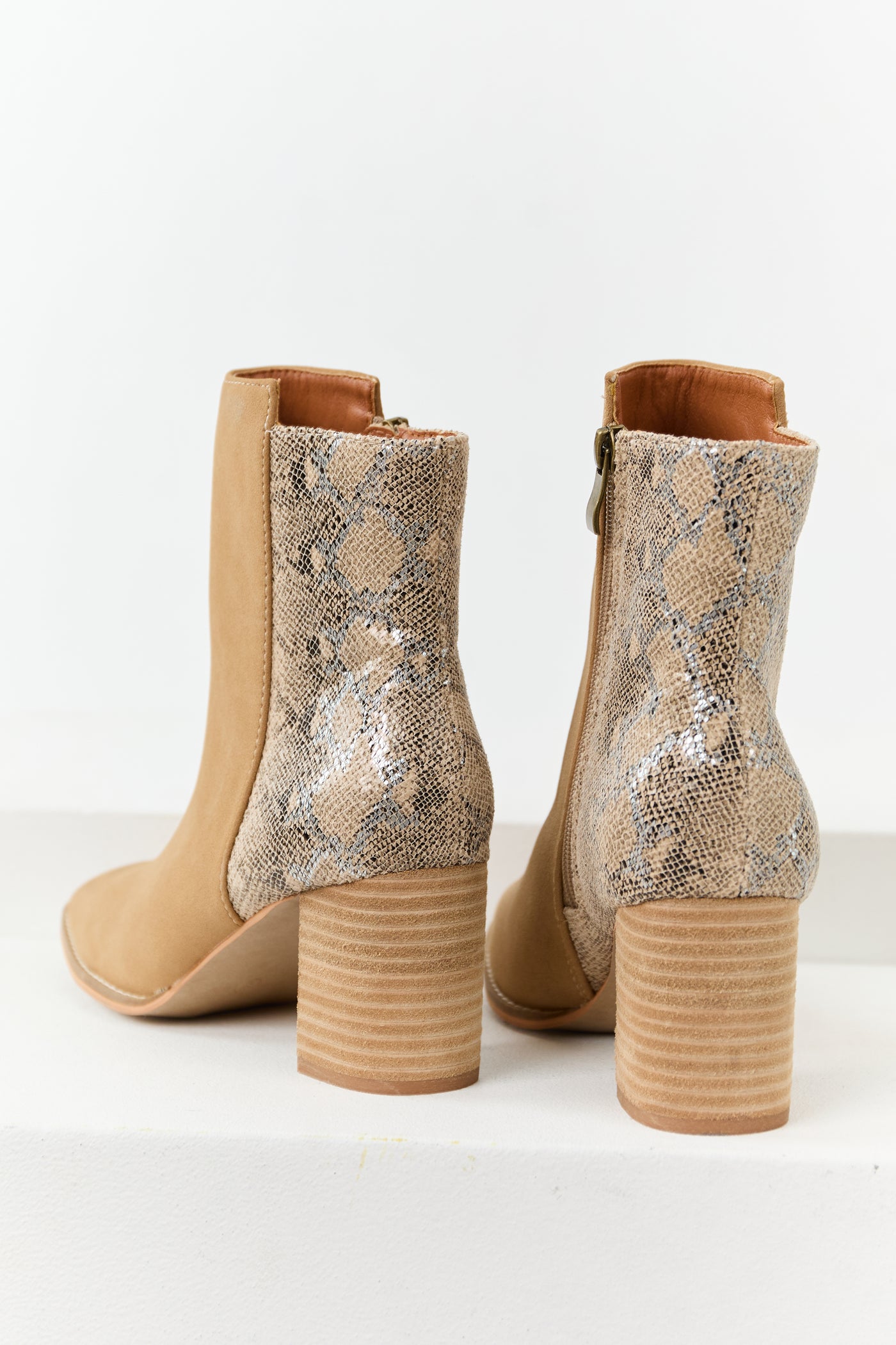 Peanut Faux Snakeskin Contrast Block Heel Booties