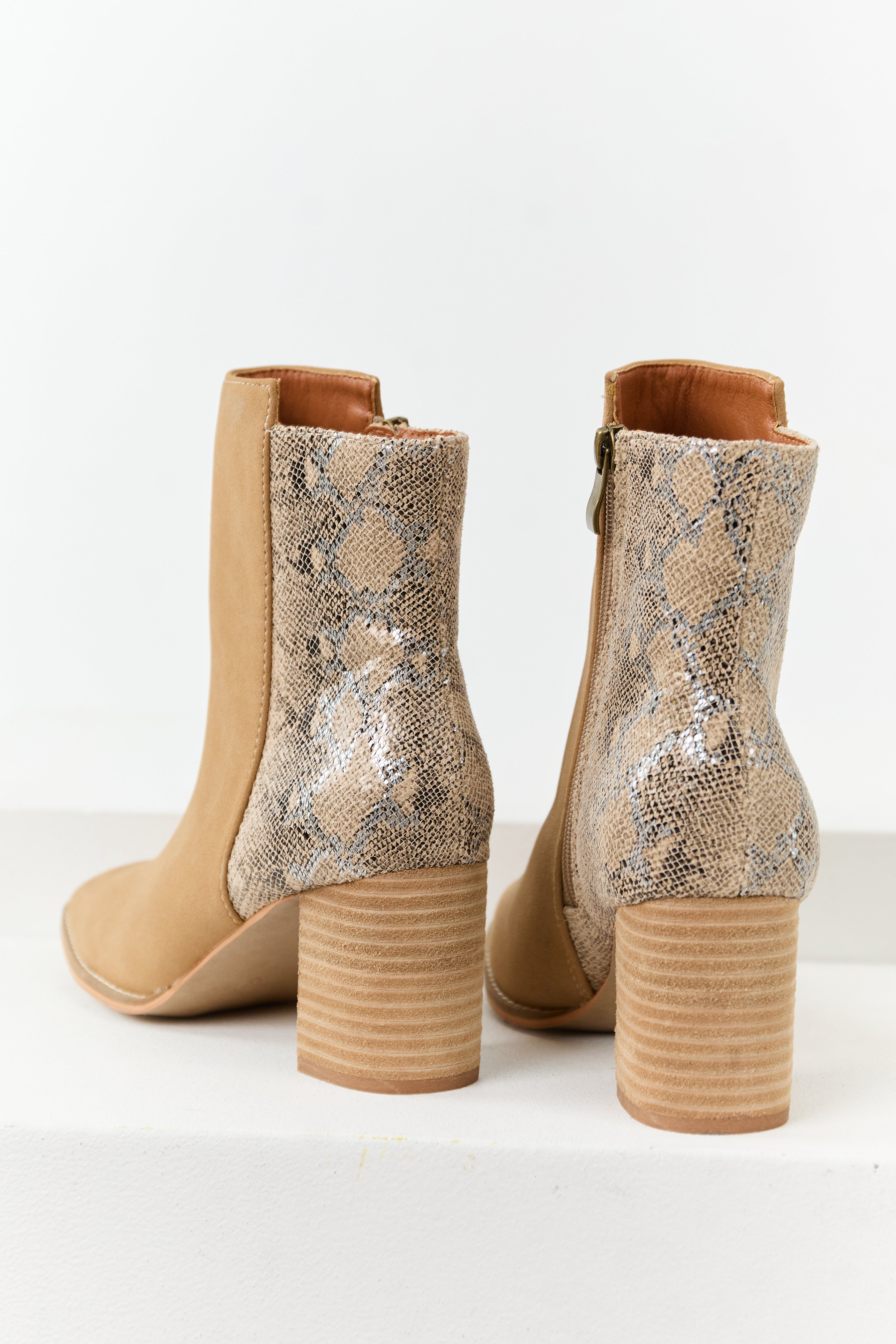 Peanut Faux Snakeskin Contrast Block Heel Booties