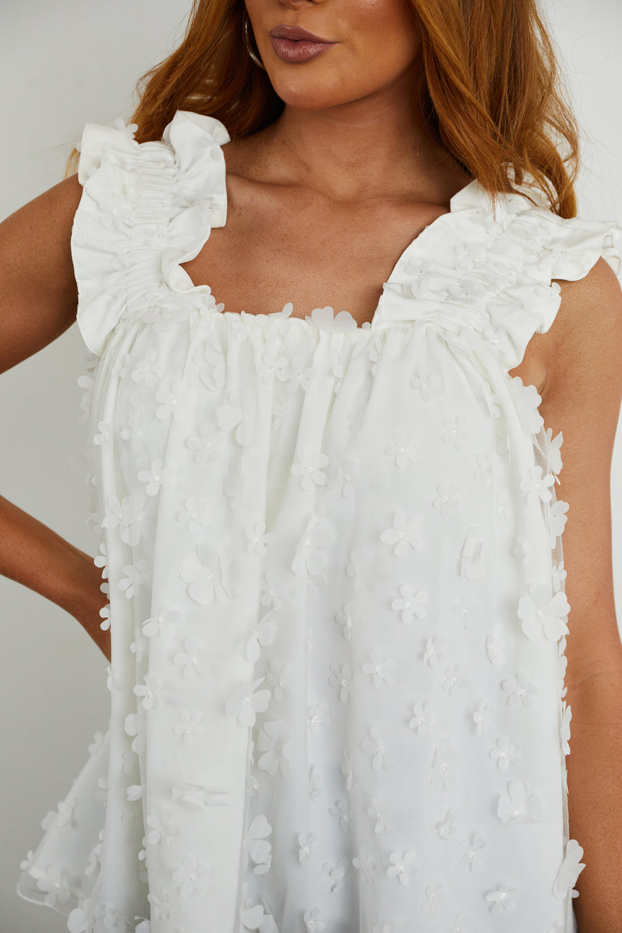 Pearl White Floral Embellished Sleeveless Blouse