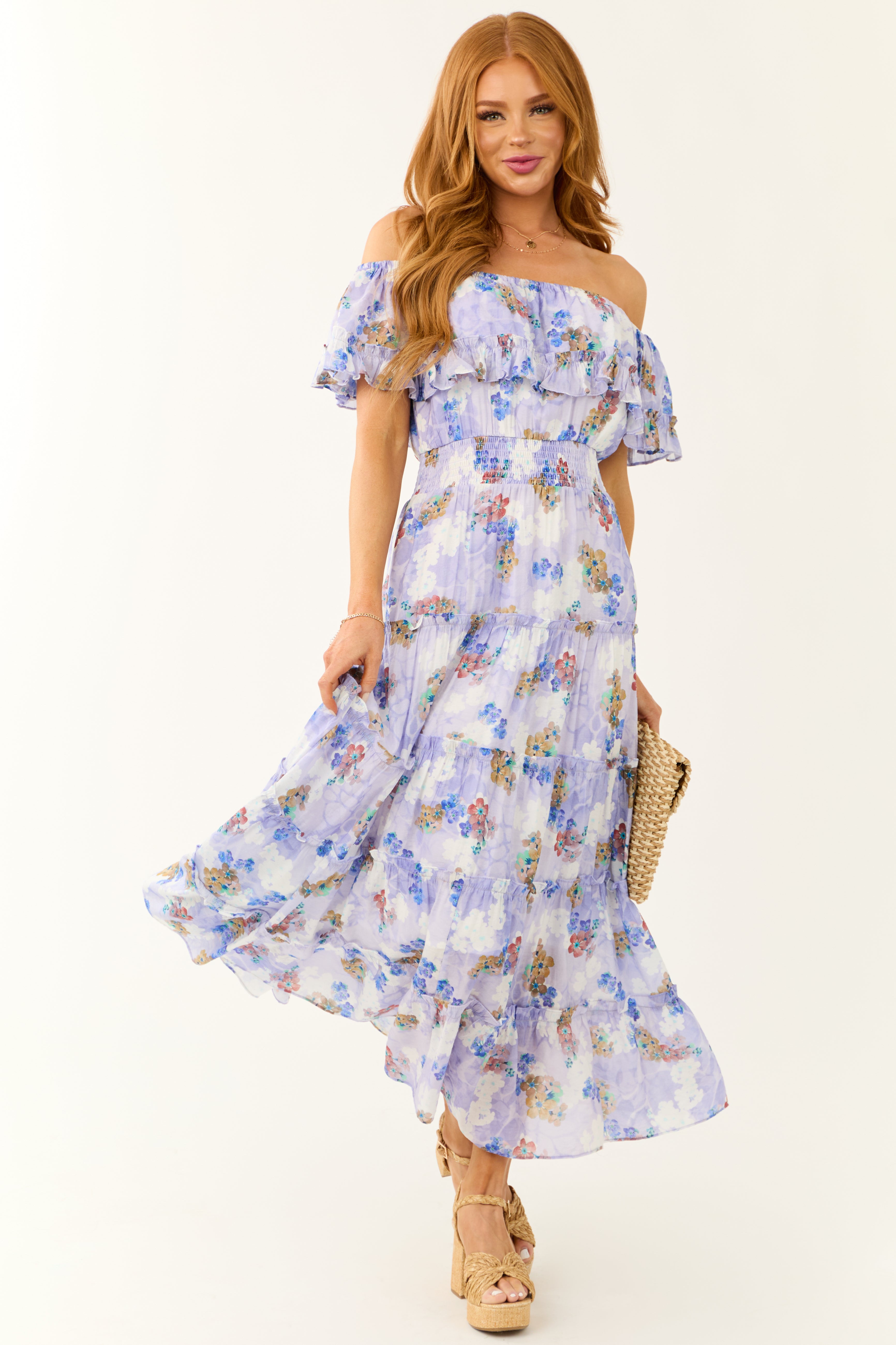 Periwinkle Floral Print Off Shoulder Maxi Dress Periwinkle Floral Print Off Shoulder Maxi Dress