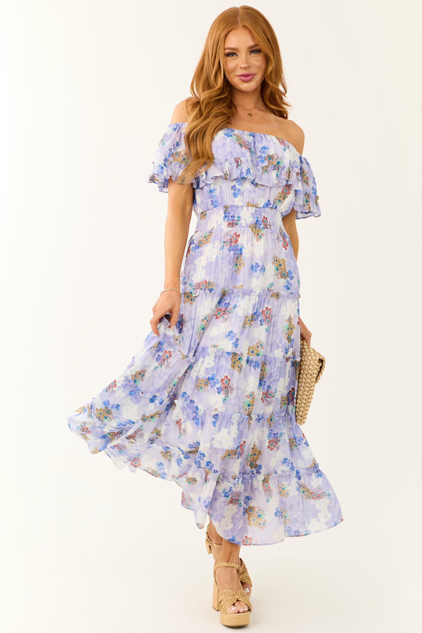 Periwinkle Floral Print Off Shoulder Maxi Dress
