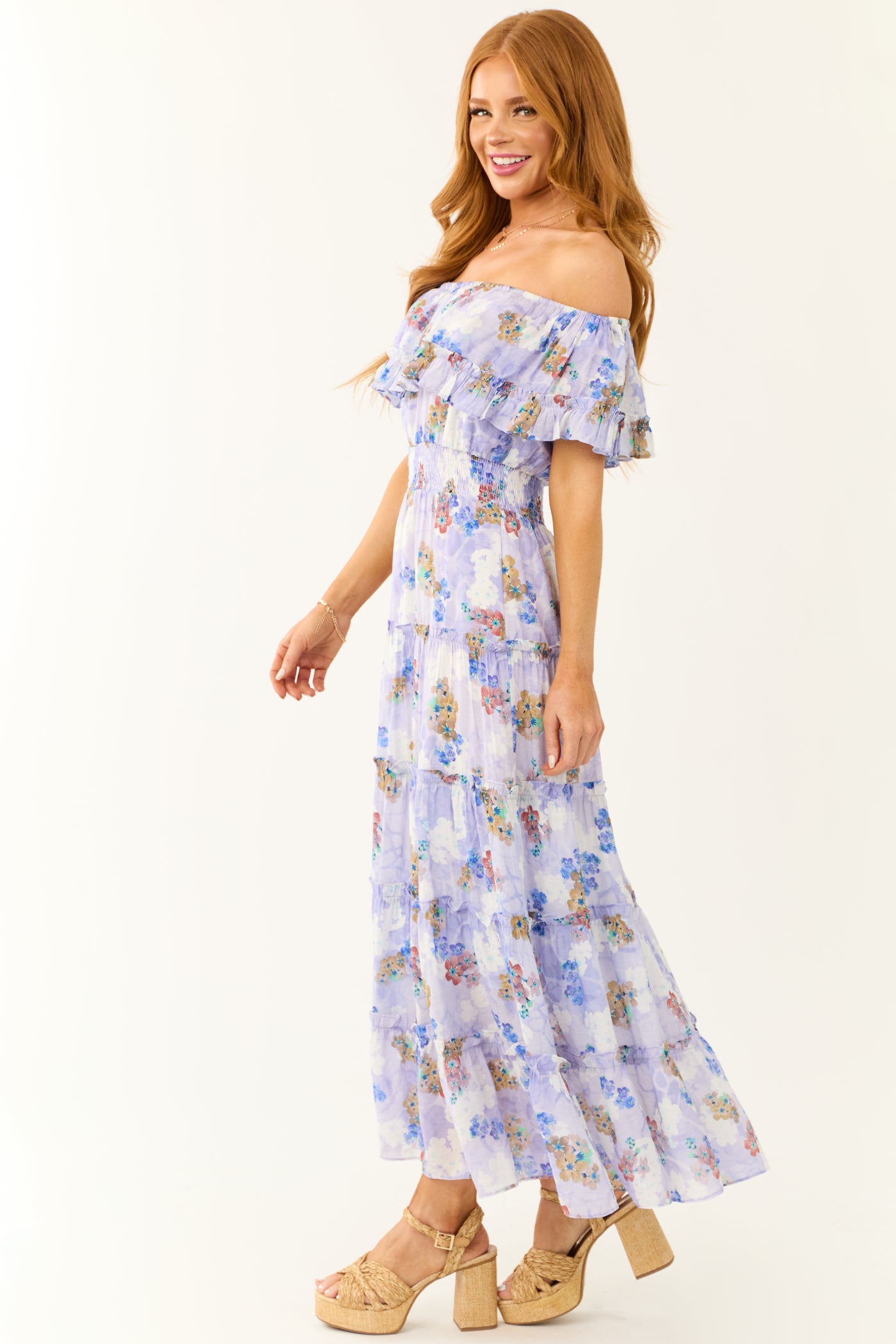Periwinkle Floral Print Off Shoulder Maxi Dress