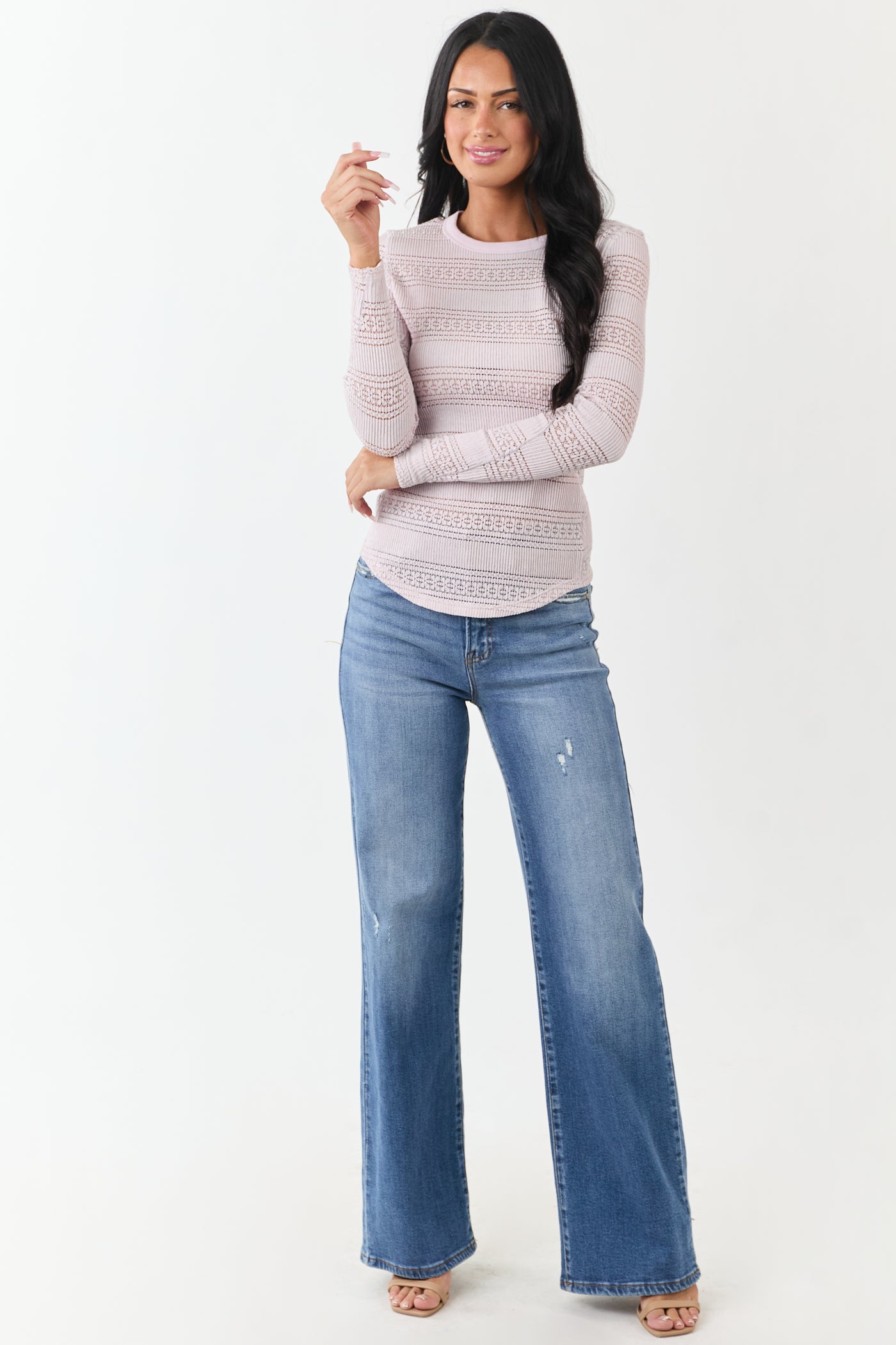 Periwinkle Ribbed Knit Floral Lace Long Sleeve Top
