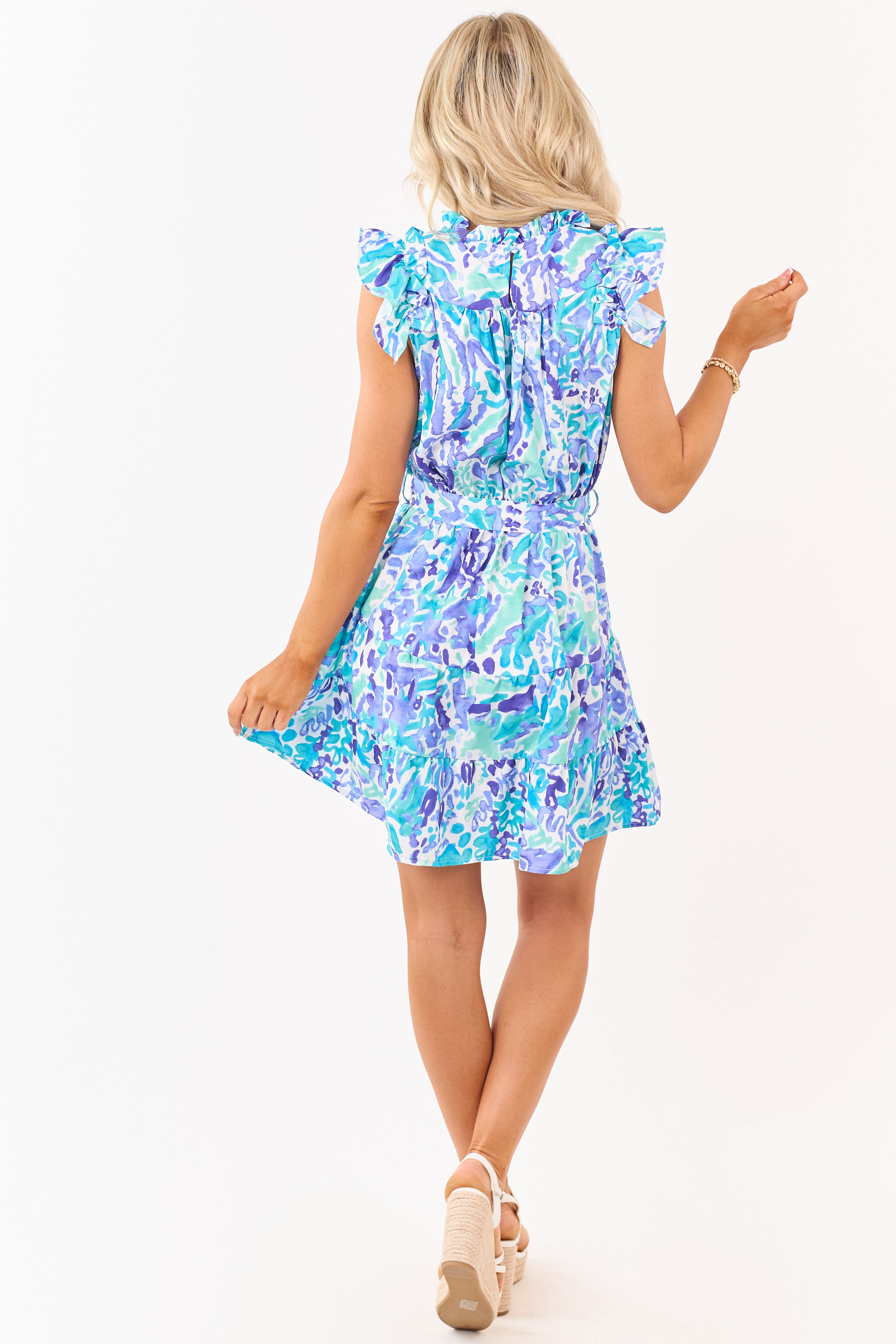 Periwinkle Watercolor Print Waist Tie Mini Dress