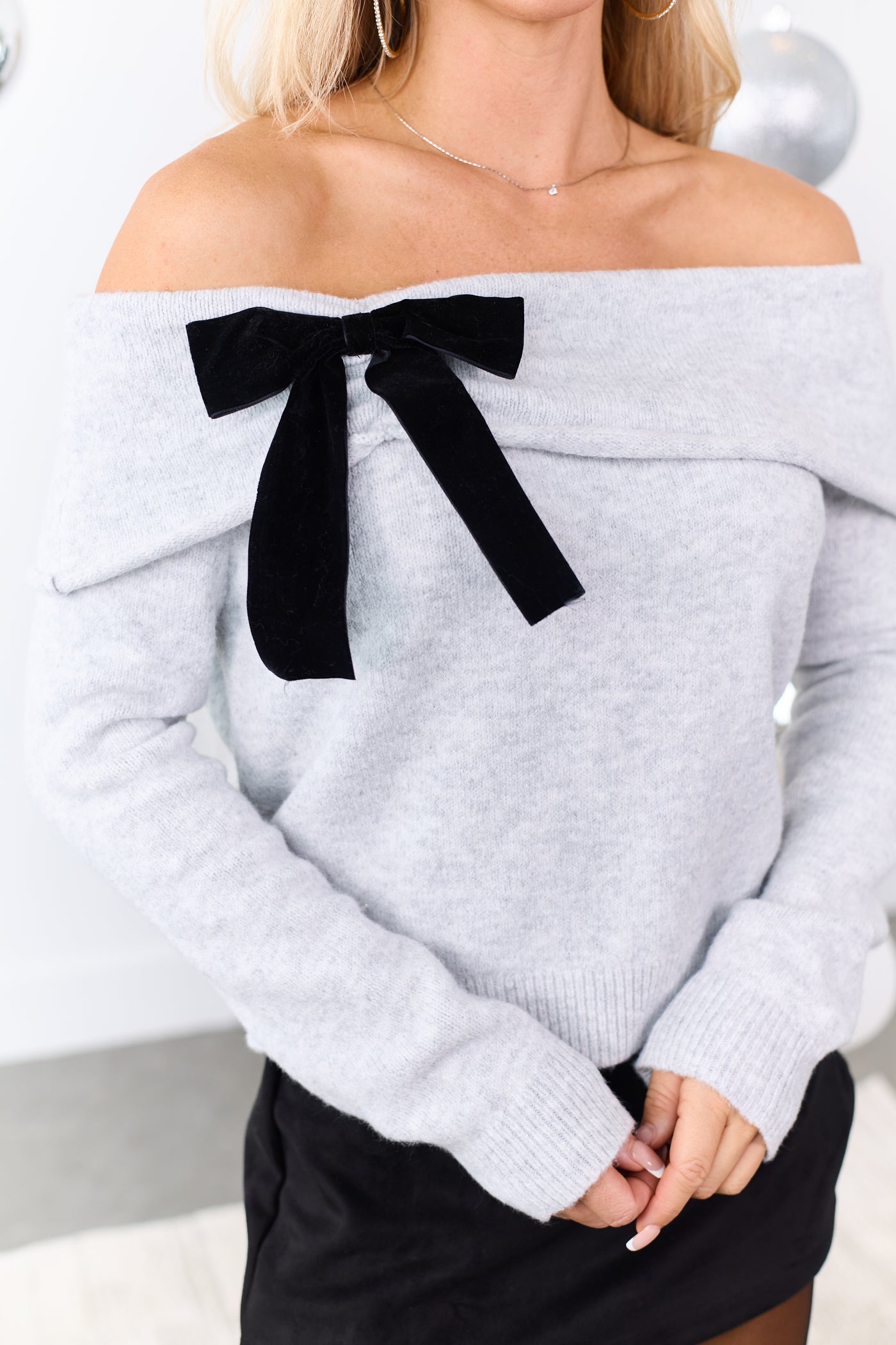 Pewter Grey Off Shoulder Bow Detail Sweater