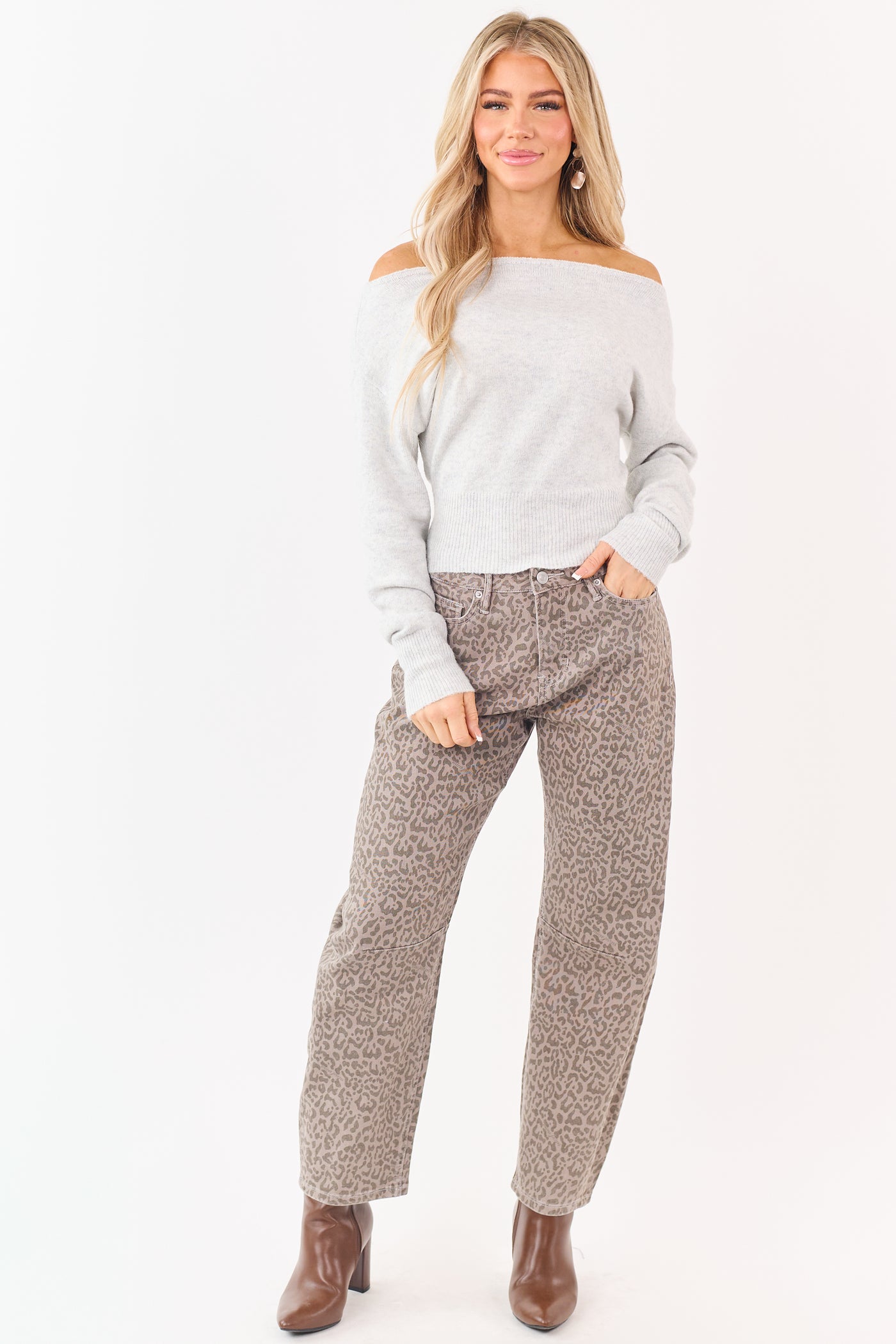 Pewter Grey Off Shoulder Rib Knit Sweater