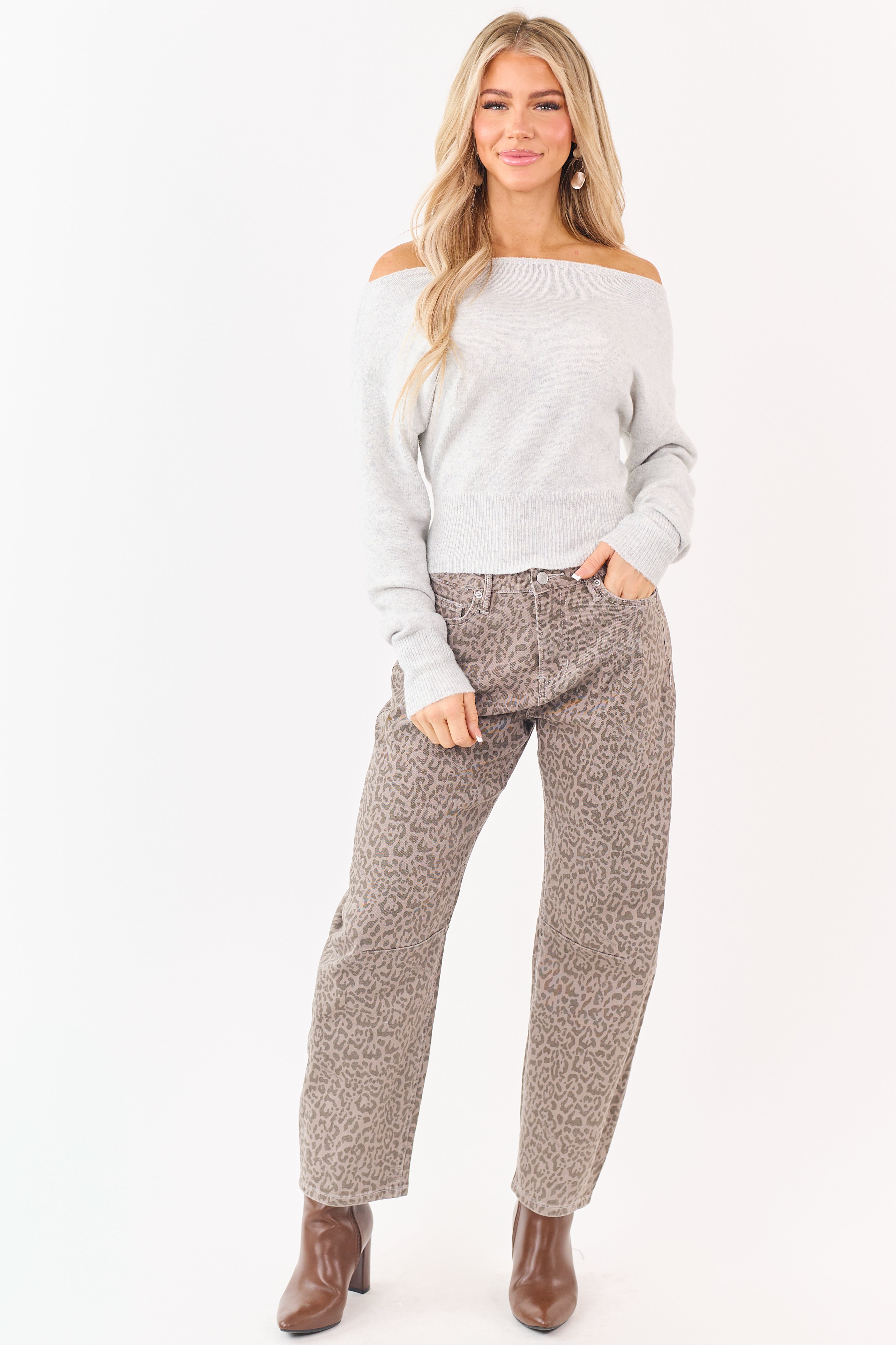 Pewter Grey Off Shoulder Rib Knit Sweater