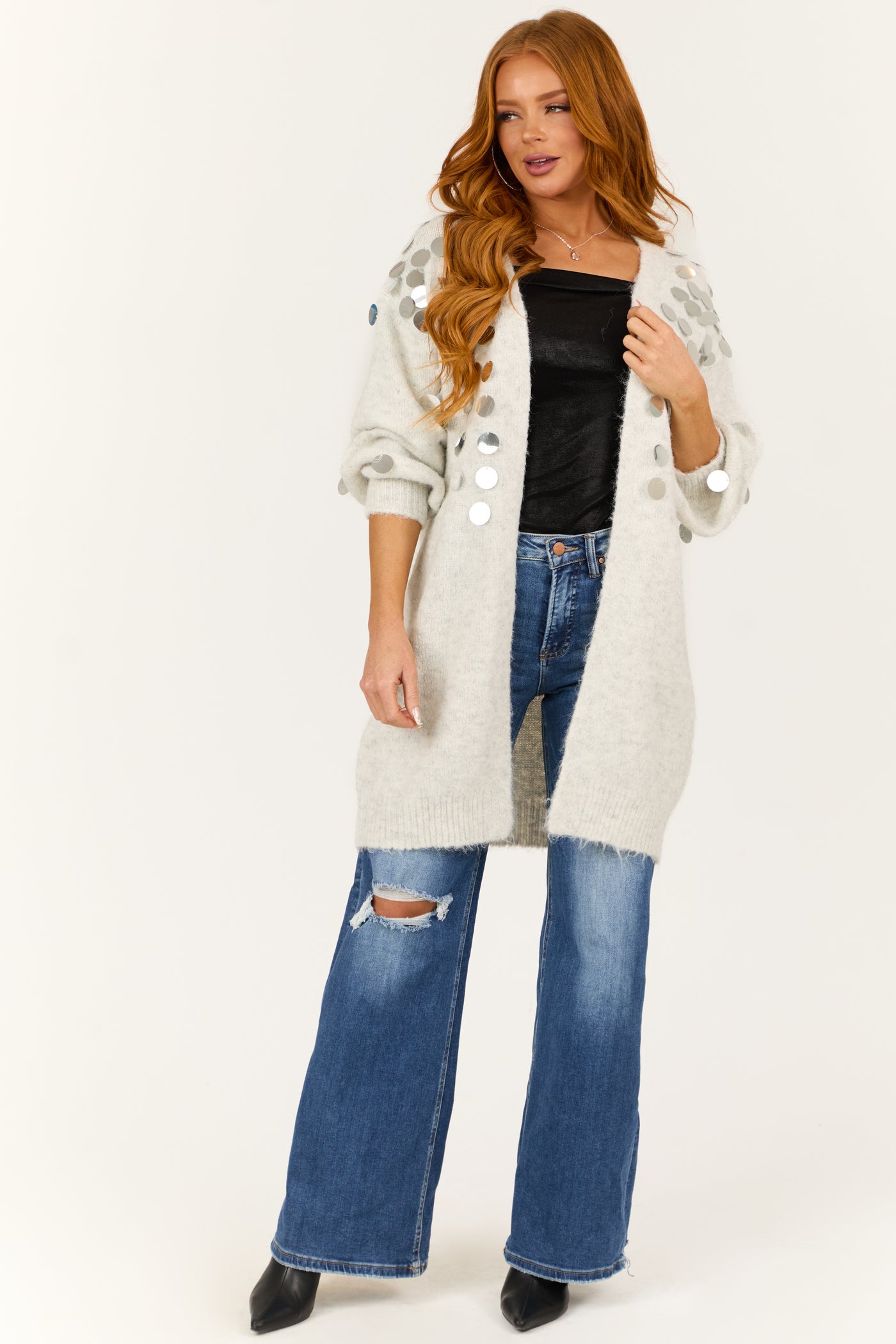 Pewter Grey Oversized Sequin Open Front Cardigan Lime Lush Boutique