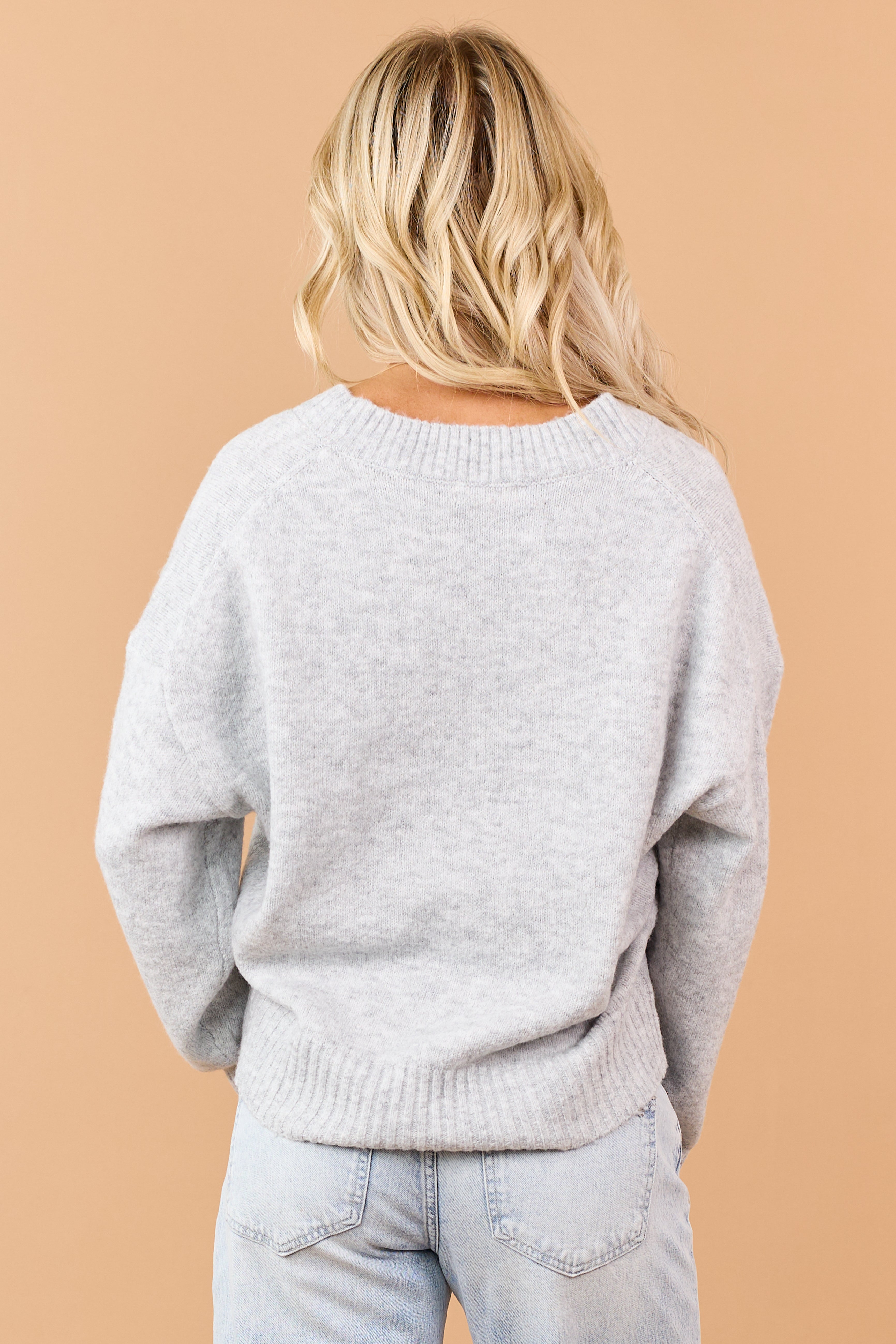 Pewter Grey V-Neck Soft Relaxed Knit Sweater