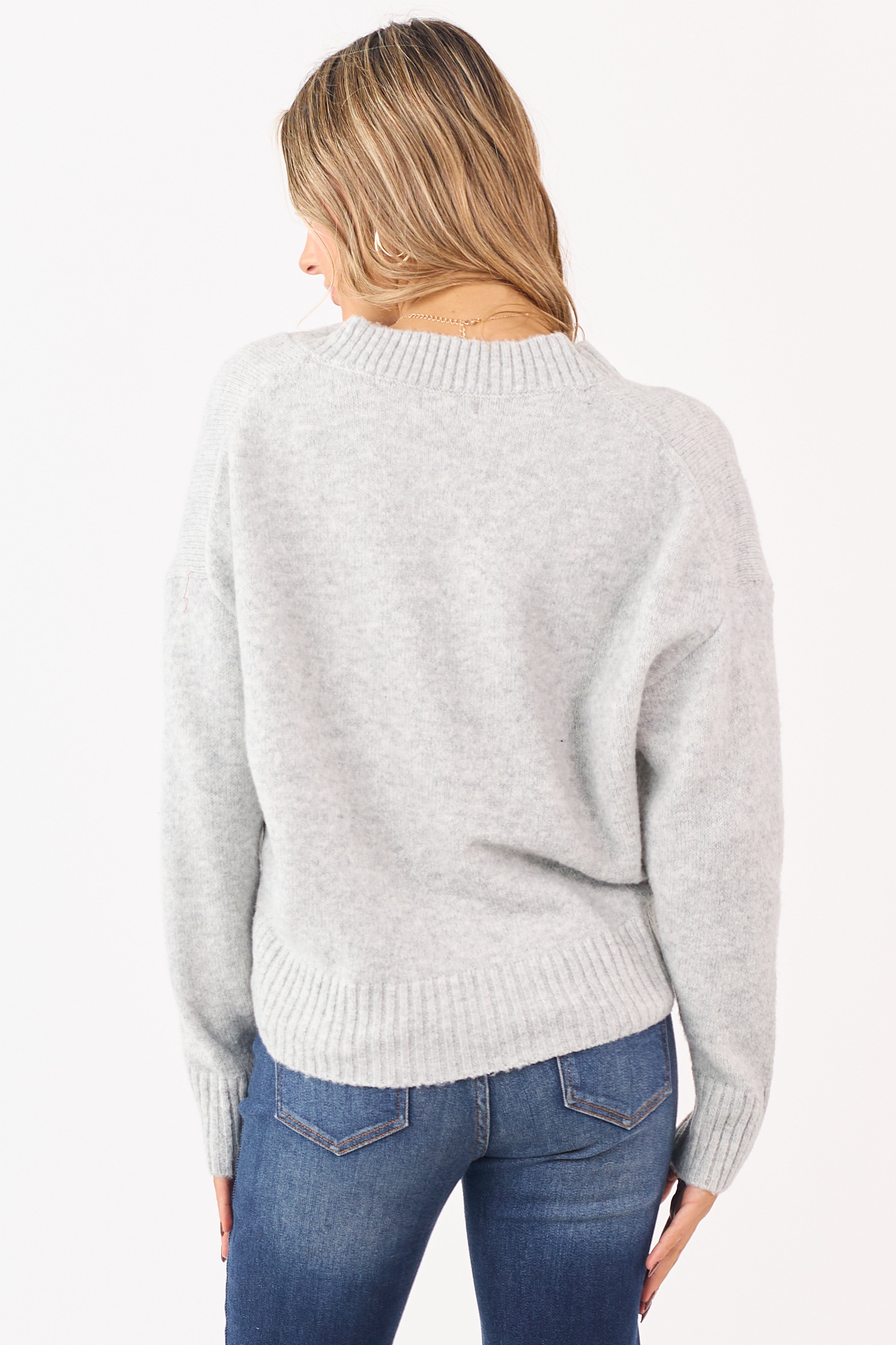 Pewter Grey V-Neck Soft Relaxed Knit Sweater