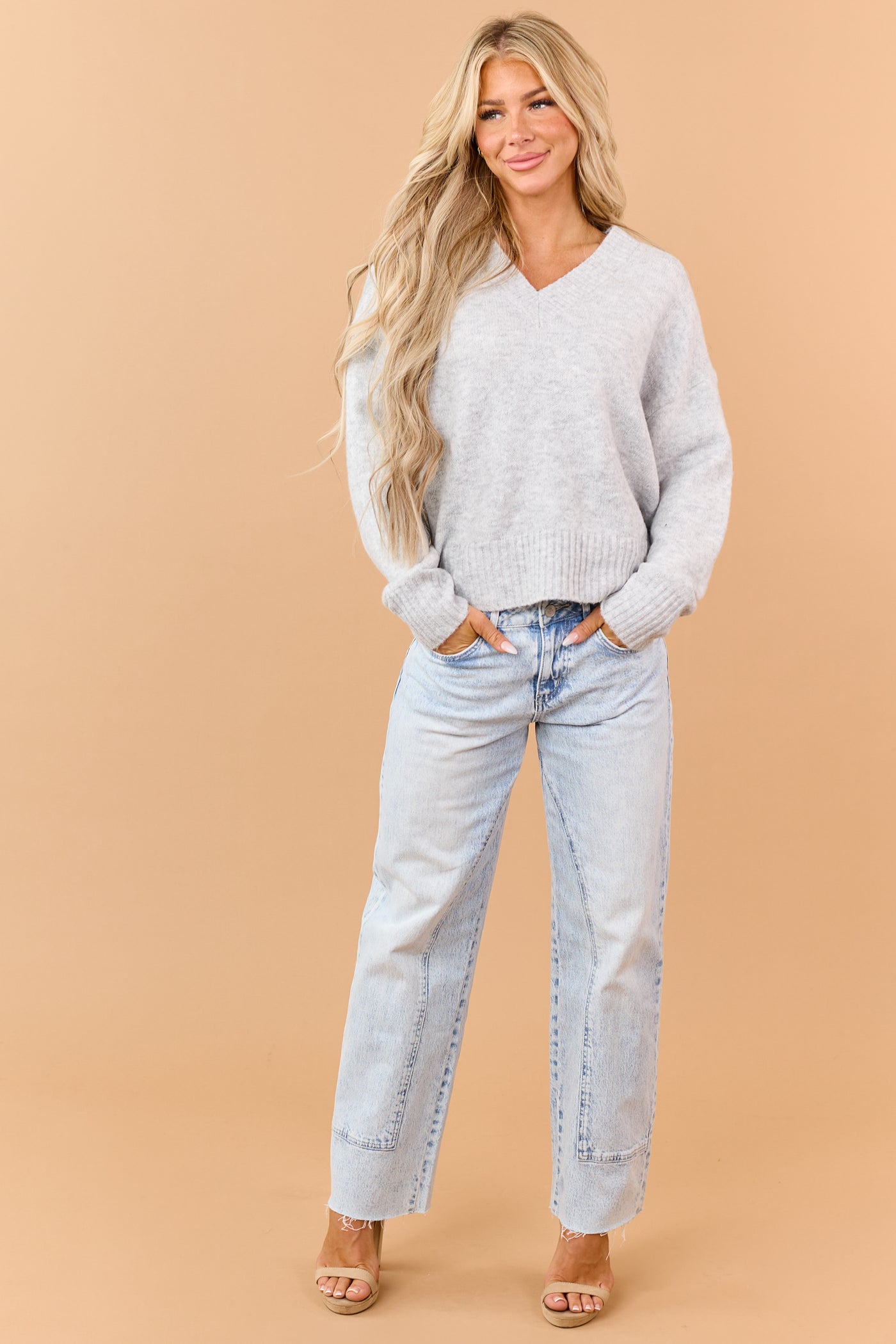 Pewter Grey V-Neck Soft Relaxed Knit Sweater