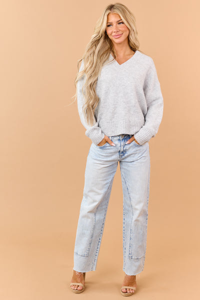 Pewter Grey V-Neck Soft Relaxed Knit Sweater