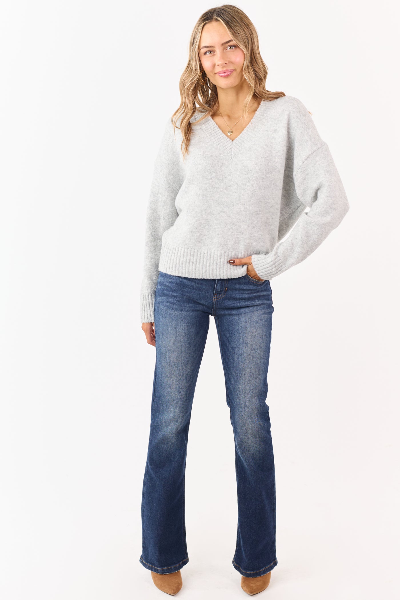 Pewter Grey V-Neck Soft Relaxed Knit Sweater
