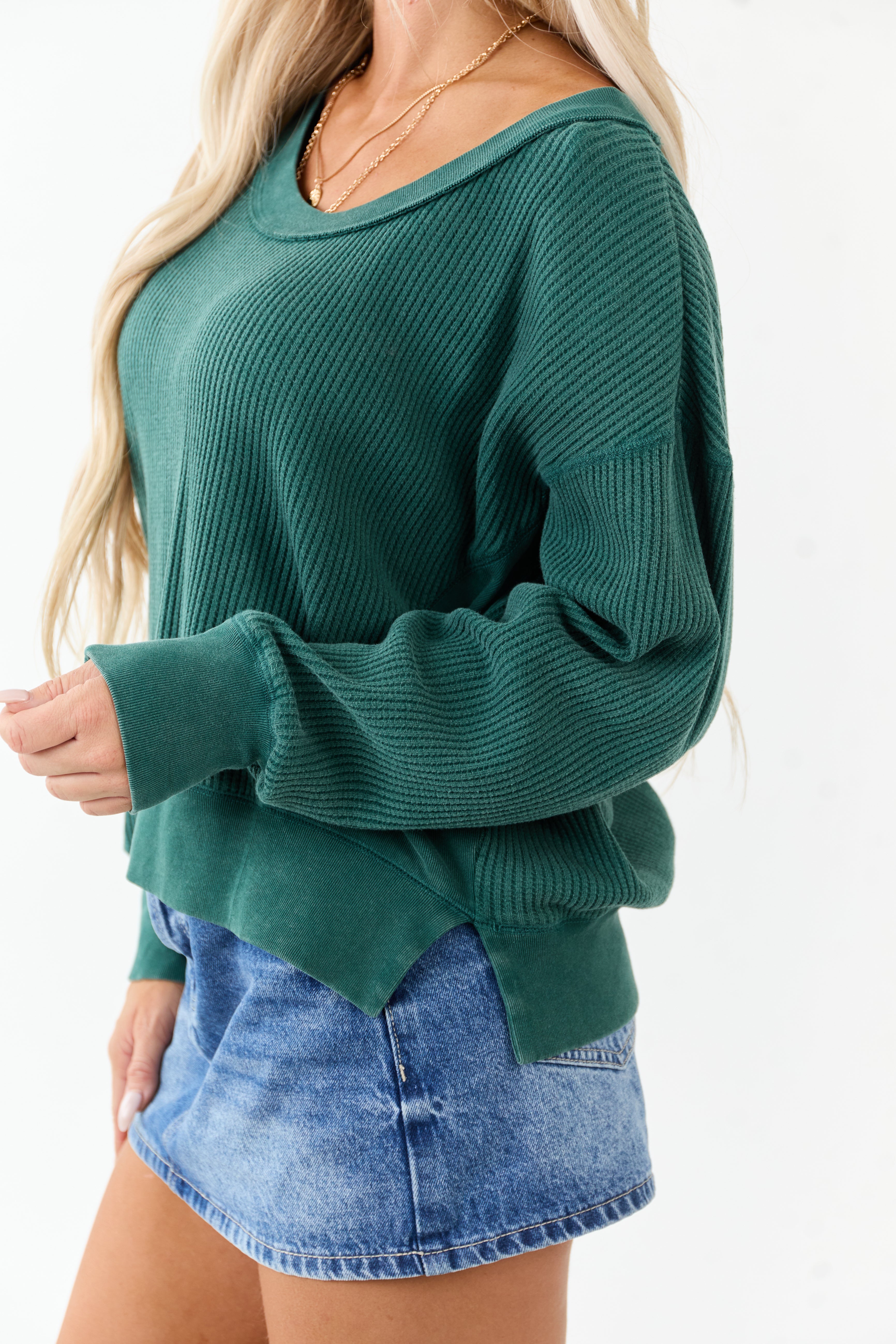 Pine Boat Neck Cotton Knit Relaxed Sweater | Lime Lush Boutique