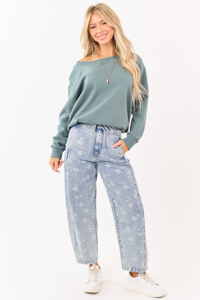 Pine Boatneck Ribbed Trim Relaxed Fleece Sweatshirt