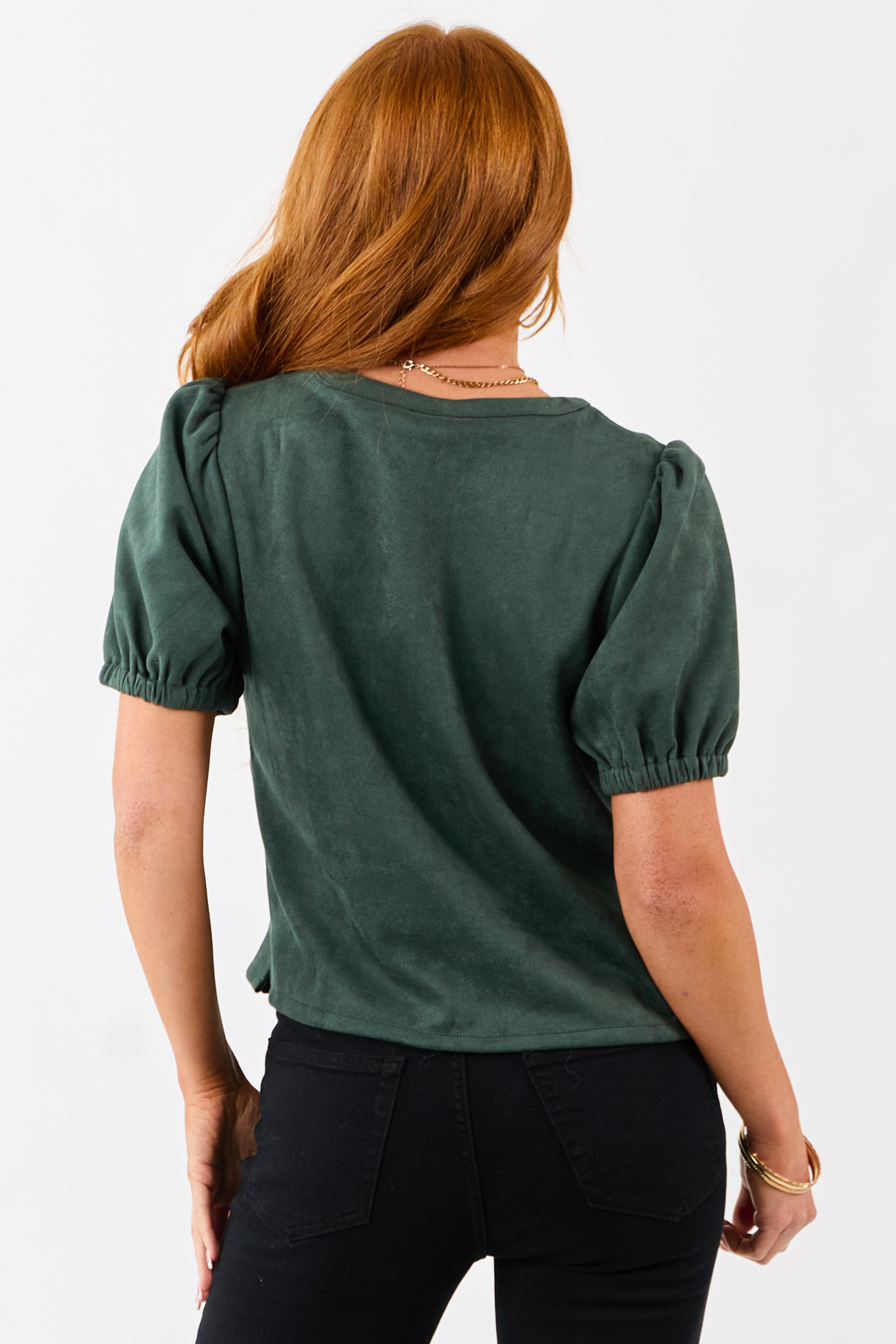 Pine Faux Suede Half Puff Sleeve V Notch Top | Lime Lush Boutique