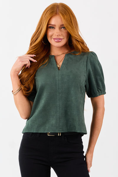 Pine Faux Suede Half Puff Sleeve V Notch Top