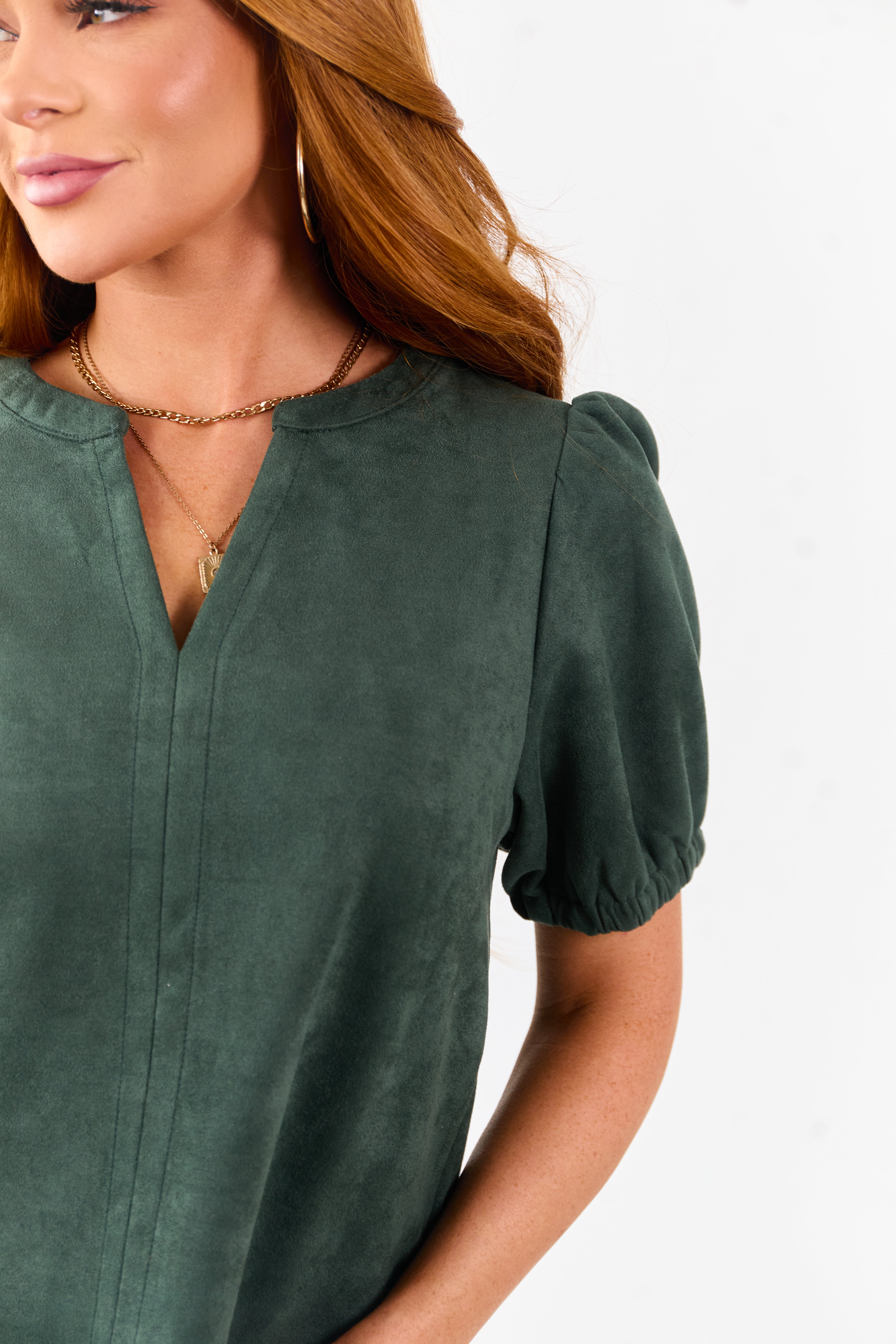 Pine Faux Suede Half Puff Sleeve V Notch Top | Lime Lush Boutique