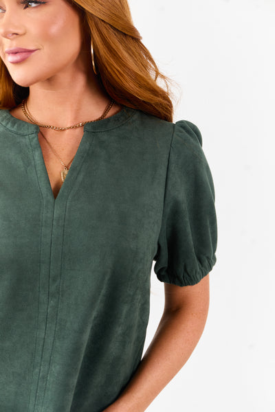 Pine Faux Suede Half Puff Sleeve V Notch Top