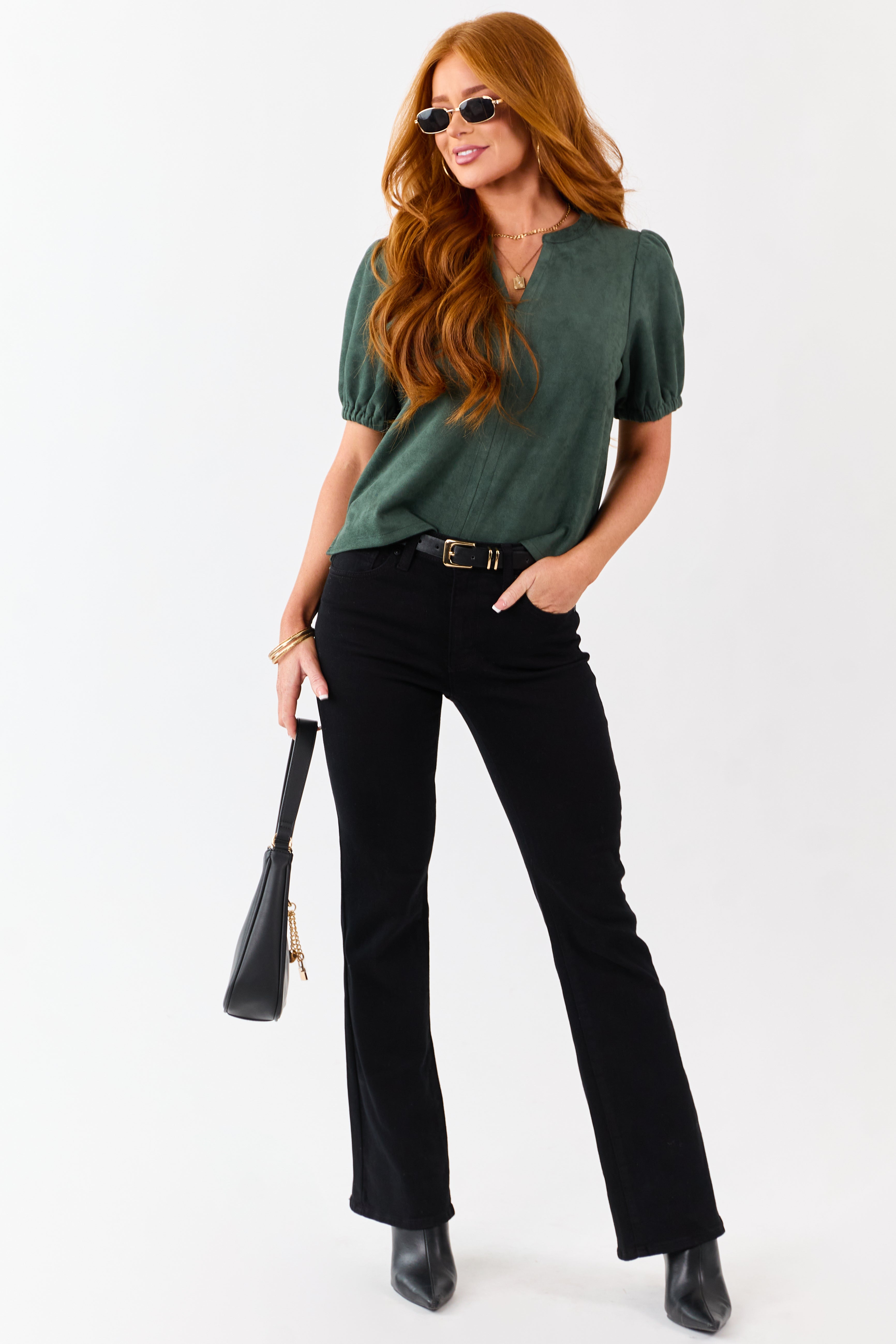 Pine Faux Suede Half Puff Sleeve V Notch Top | Lime Lush Boutique
