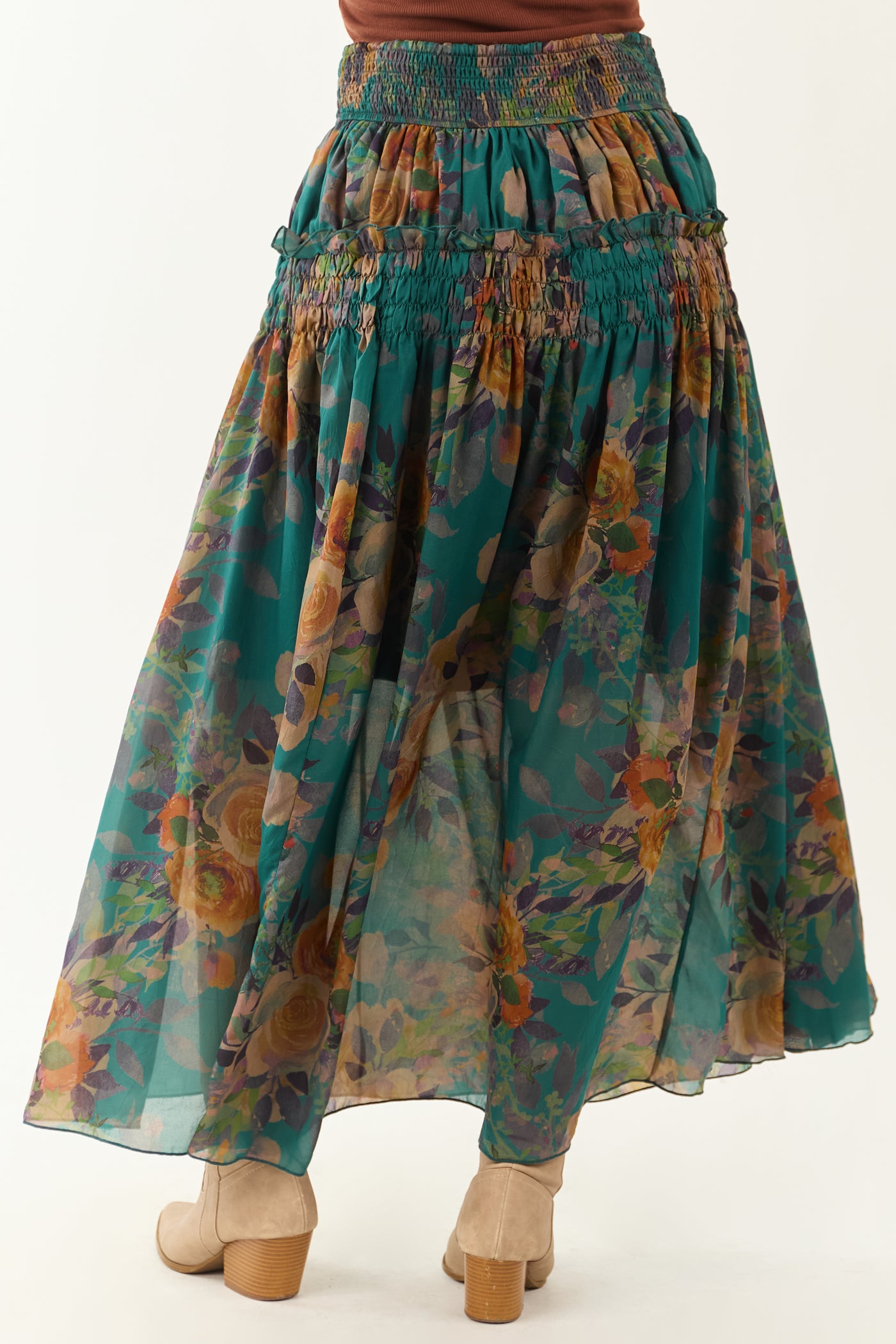 Pine Floral Print Smocked Waist Maxi Skirt