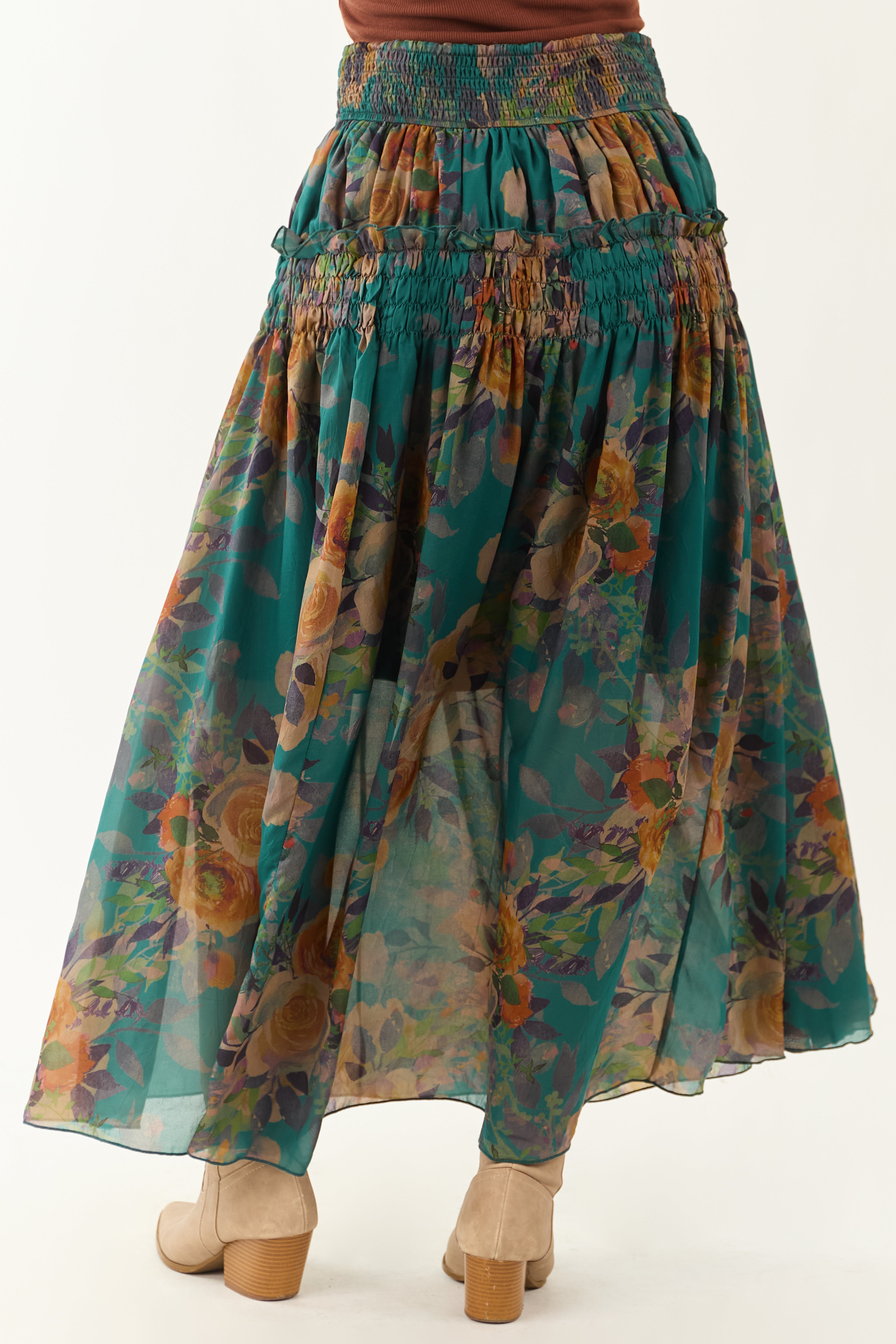Pine Floral Print Smocked Waist Maxi Skirt
