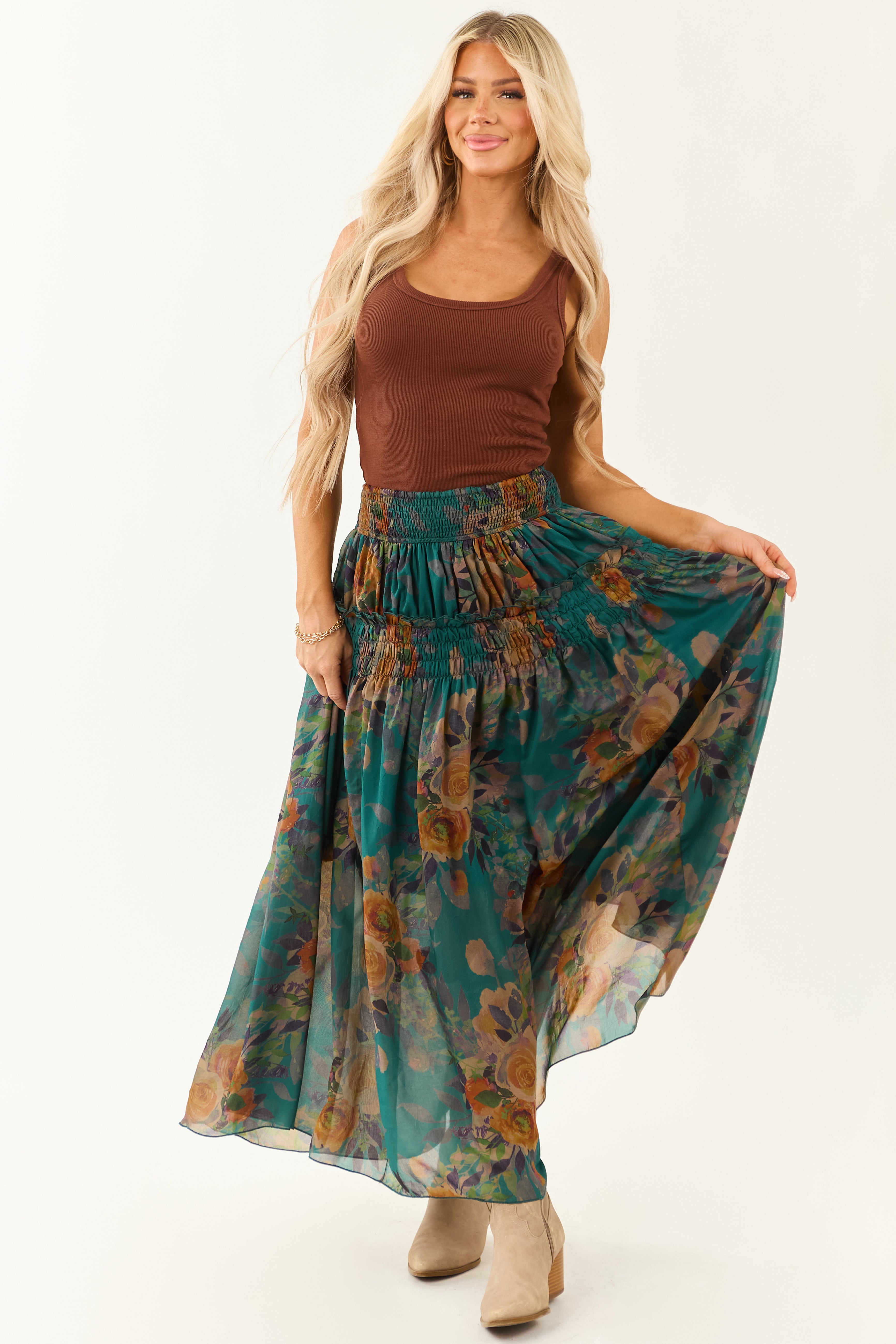Pine Floral Print Smocked Waist Maxi Skirt