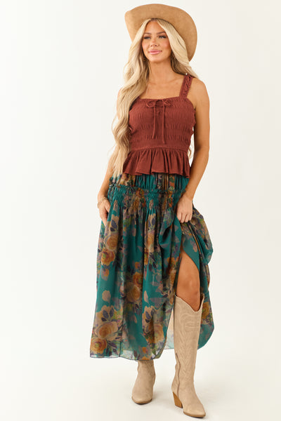 Pine Floral Print Smocked Waist Maxi Skirt