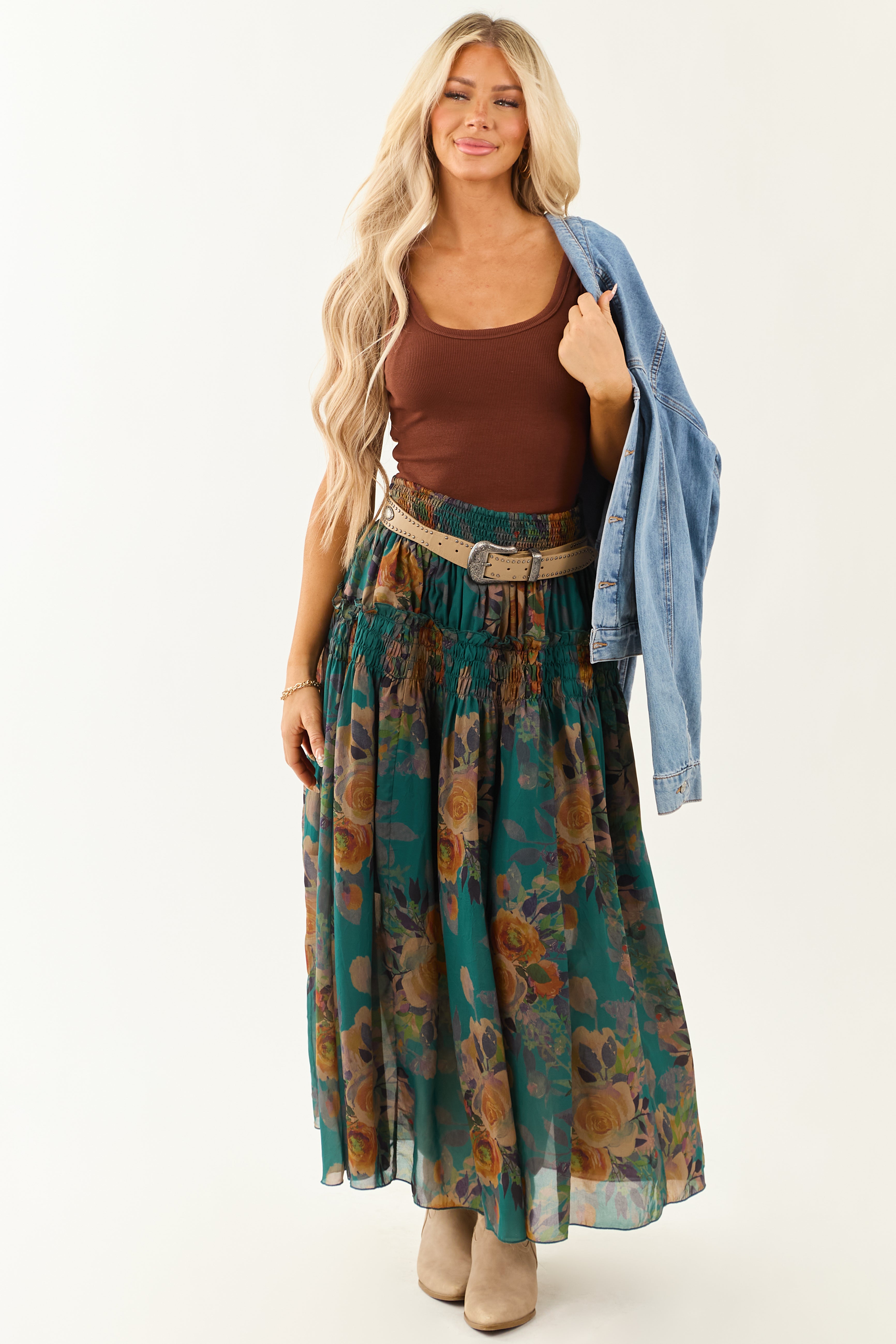 Pine Floral Print Smocked Waist Maxi Skirt