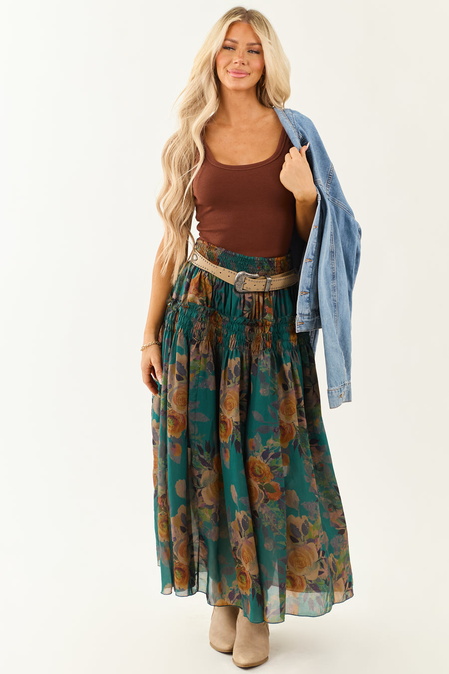 Pine Floral Print Smocked Waist Maxi Skirt