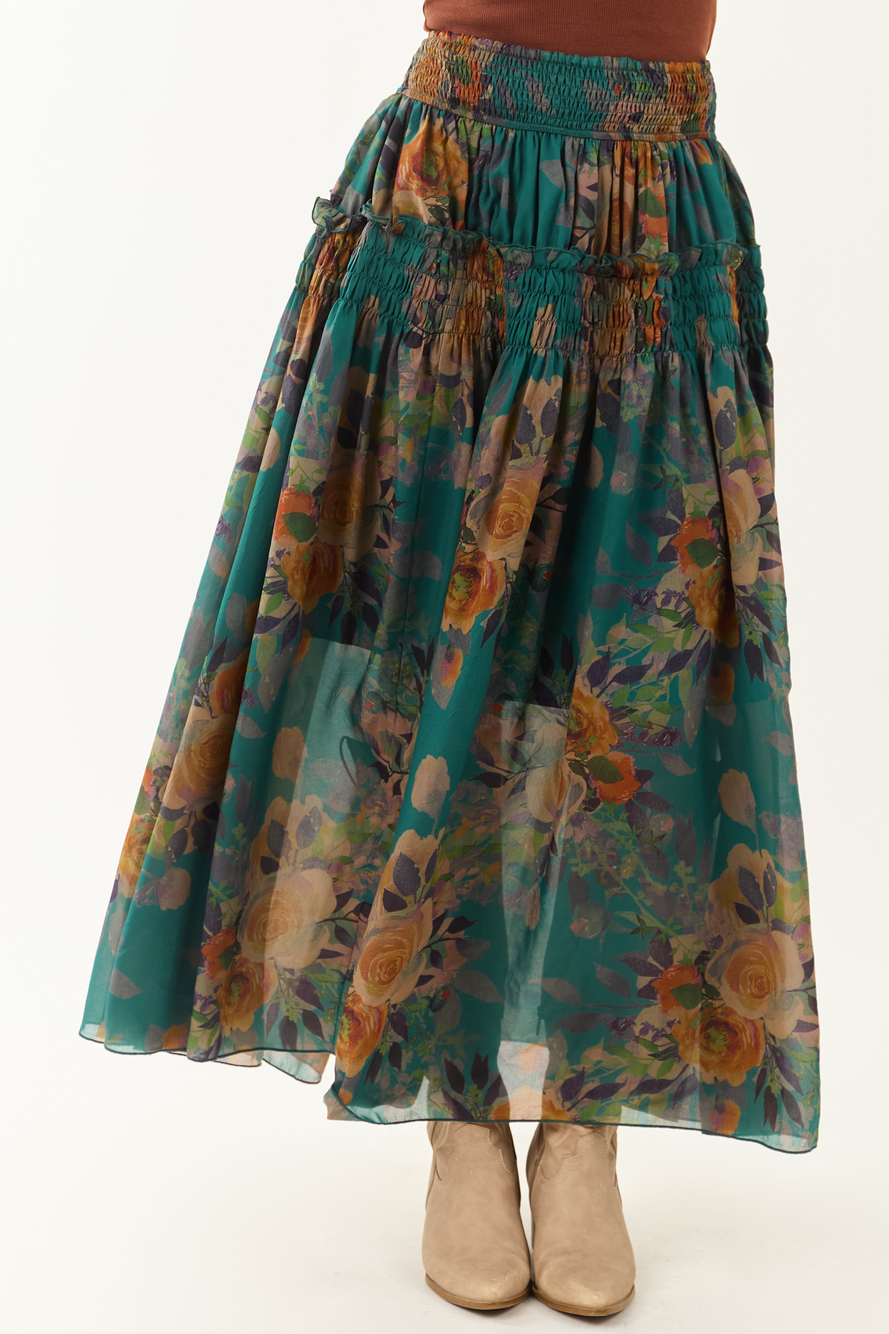 Pine Floral Print Smocked Waist Maxi Skirt