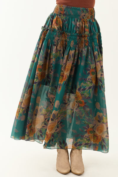 Pine Floral Print Smocked Waist Maxi Skirt