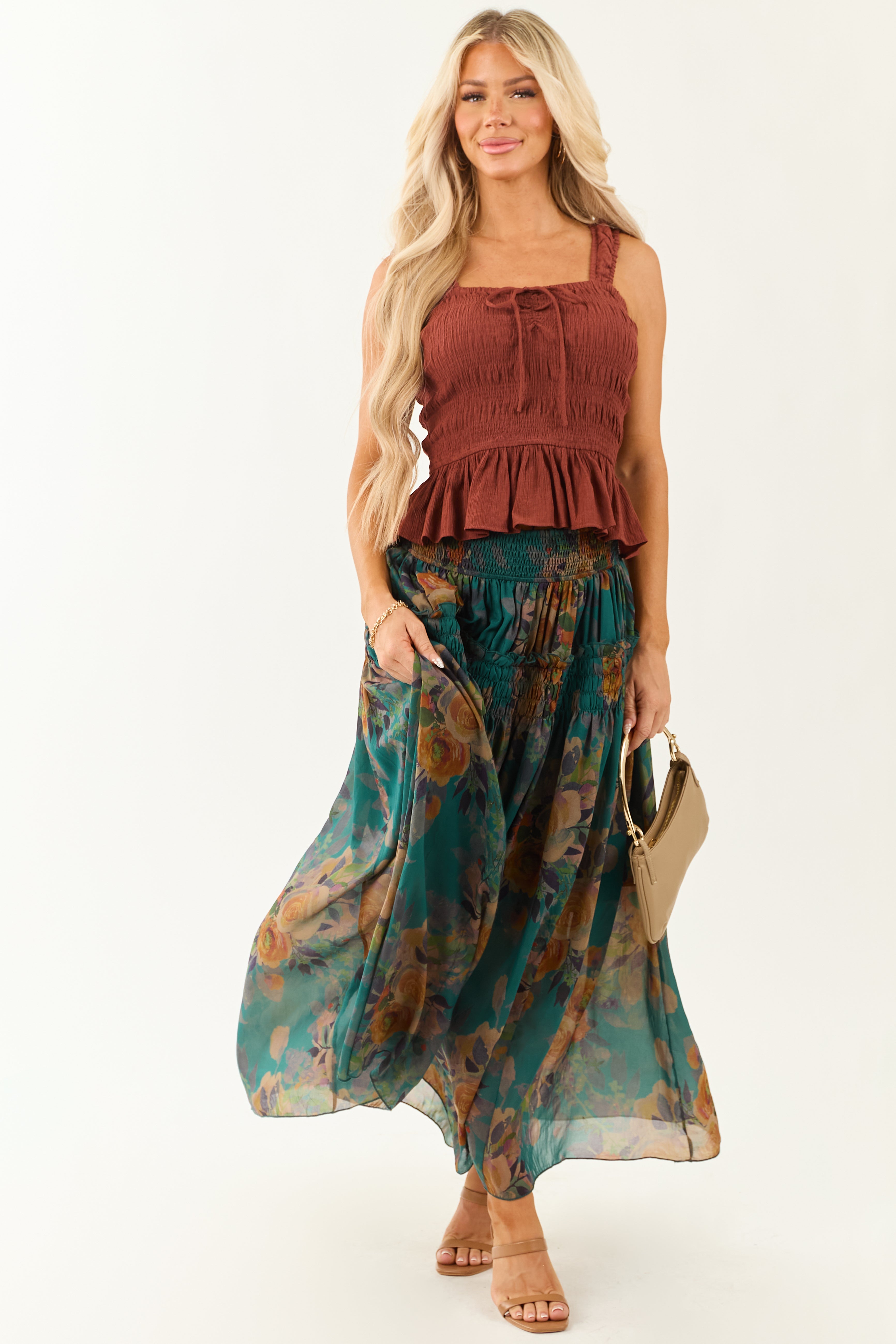Pine Floral Print Smocked Waist Maxi Skirt