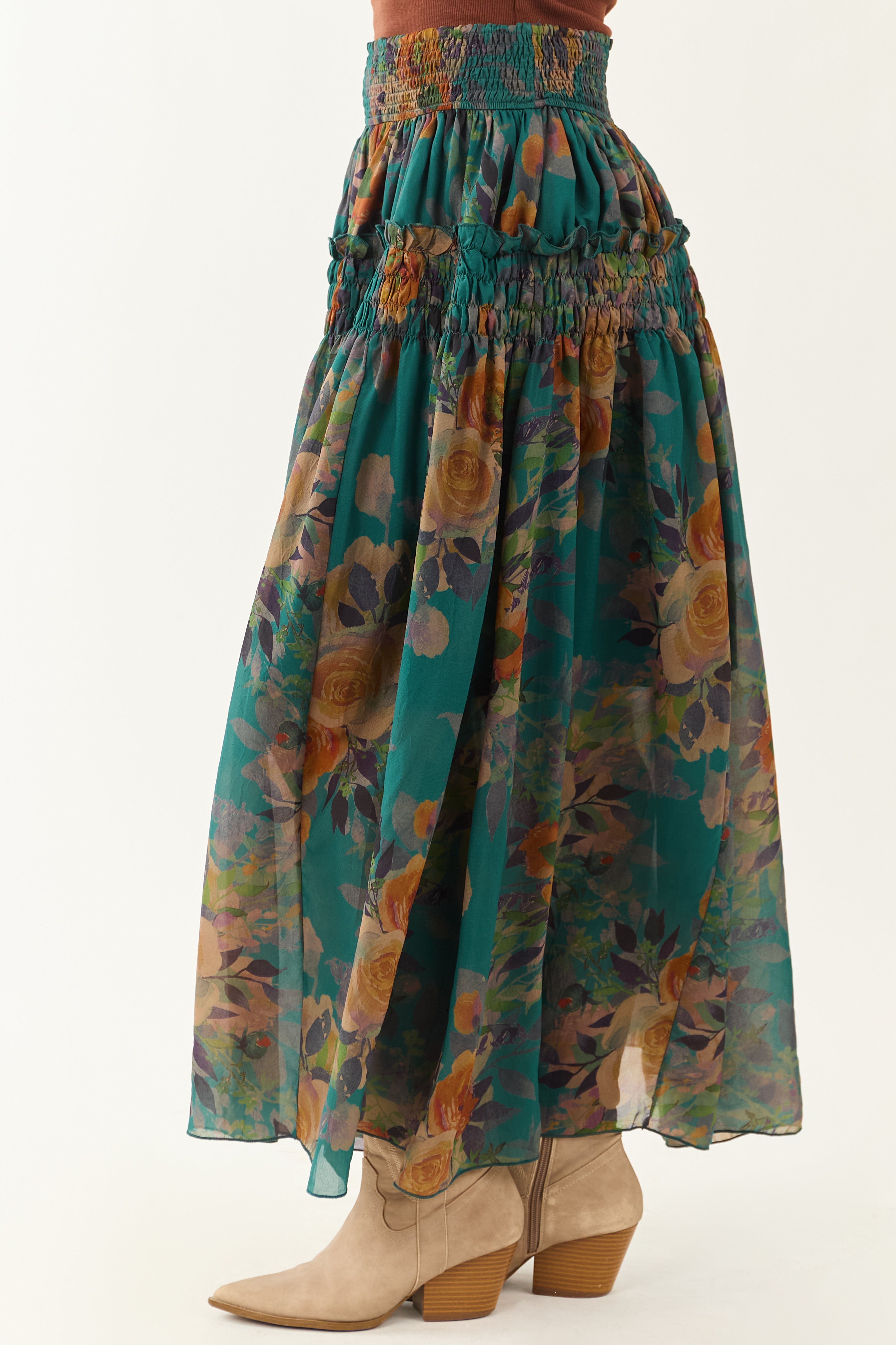 Pine Floral Print Smocked Waist Maxi Skirt