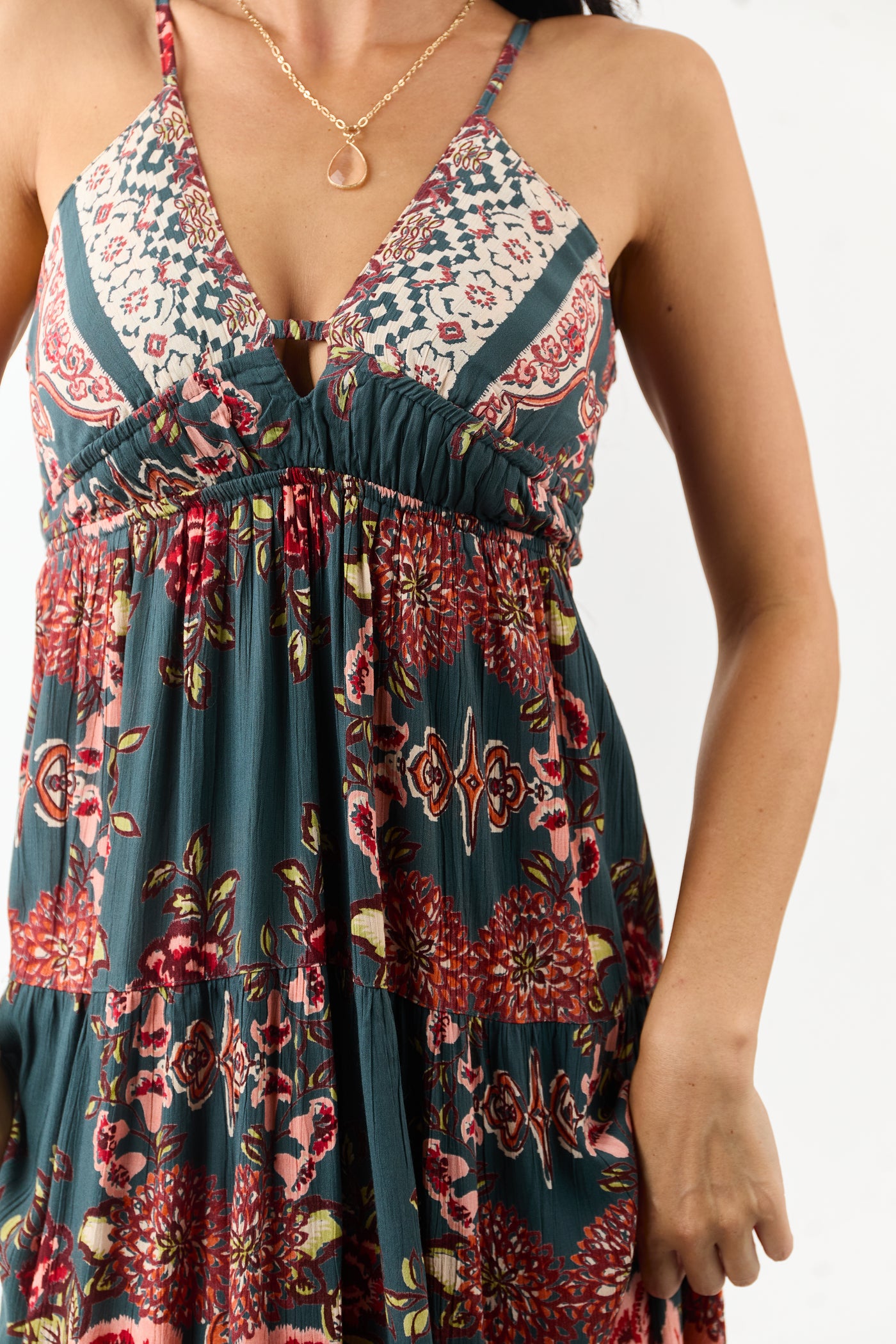 Pine Floral Print V Neck Sleeveless Maxi Dress