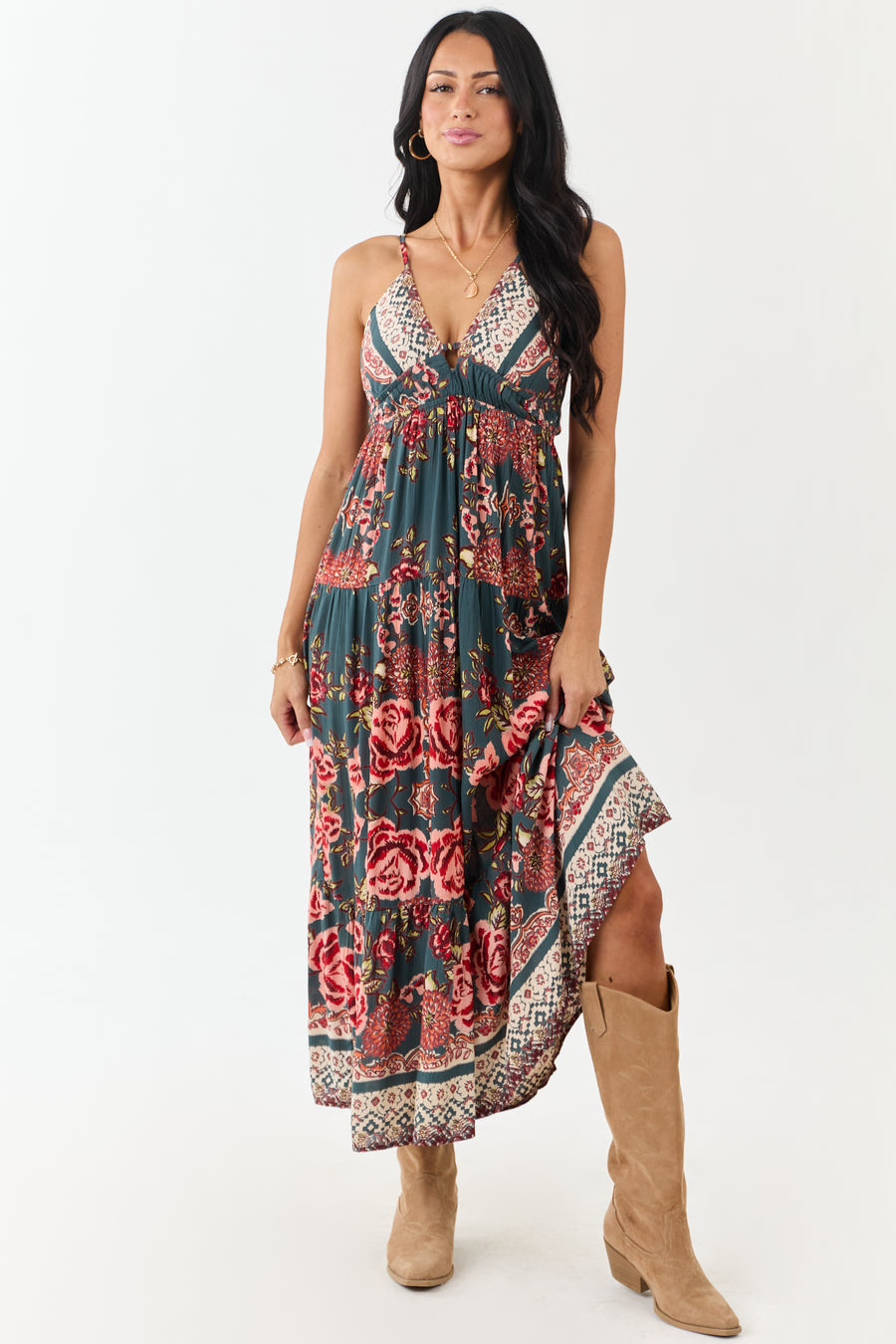Pine Floral Print V Neck Sleeveless Maxi Dress