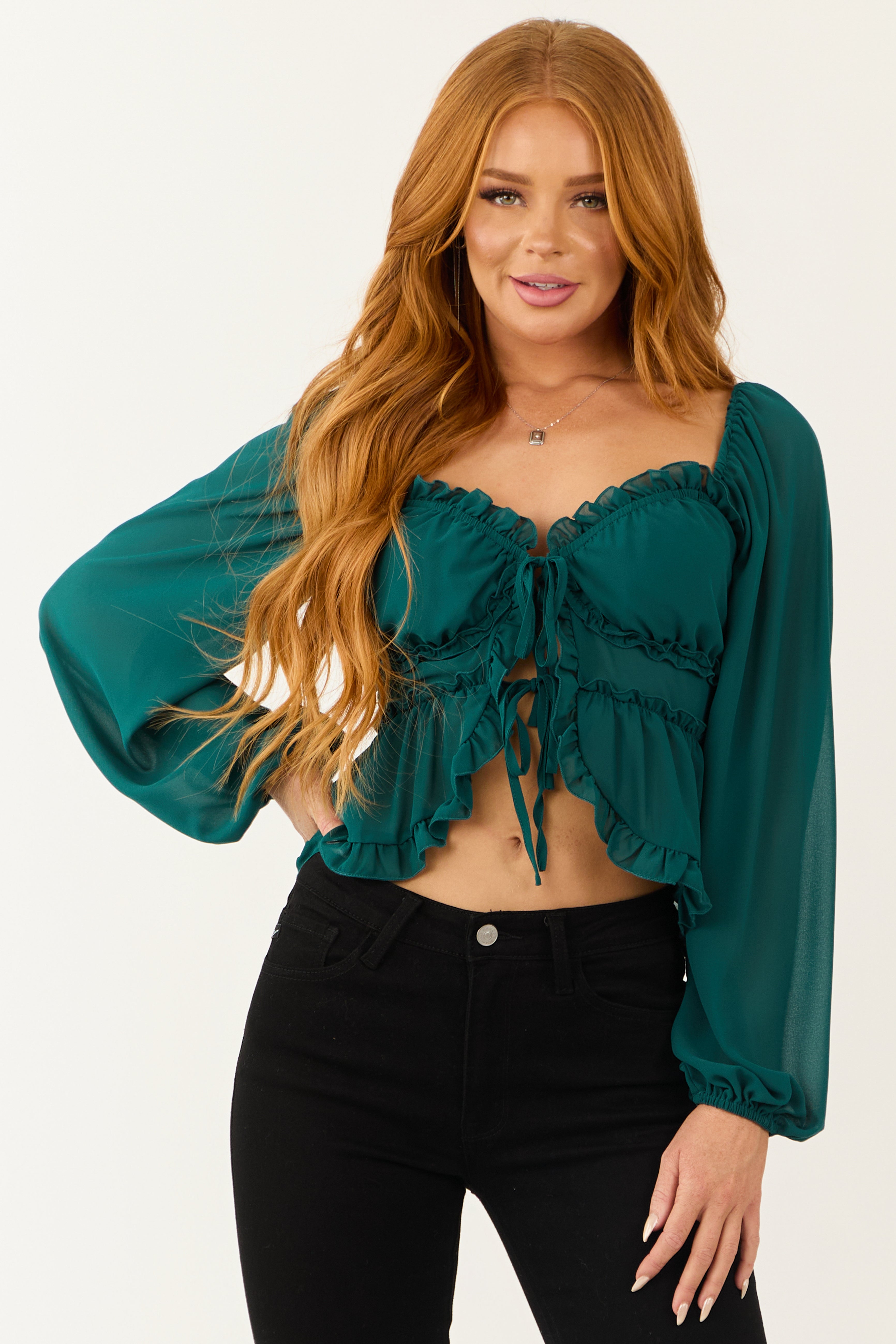 Pine Front Tie Long Bubble Sleeve Frill Trim Blouse | Lime Lush