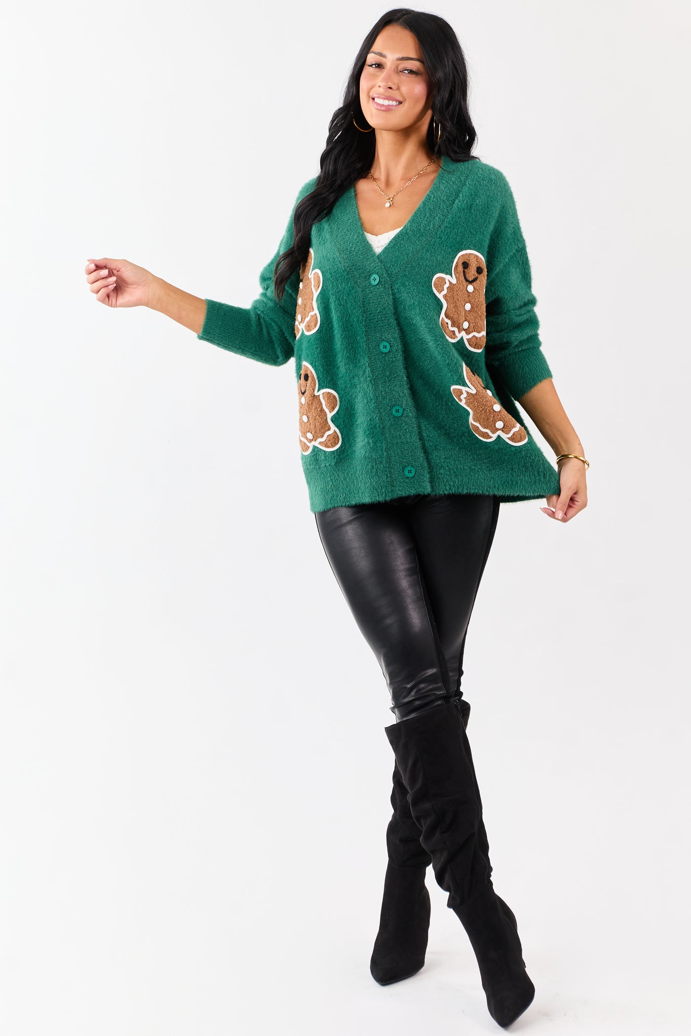 Pine Gingerbread Graphic Relaxed Eyelash Knit Cardigan