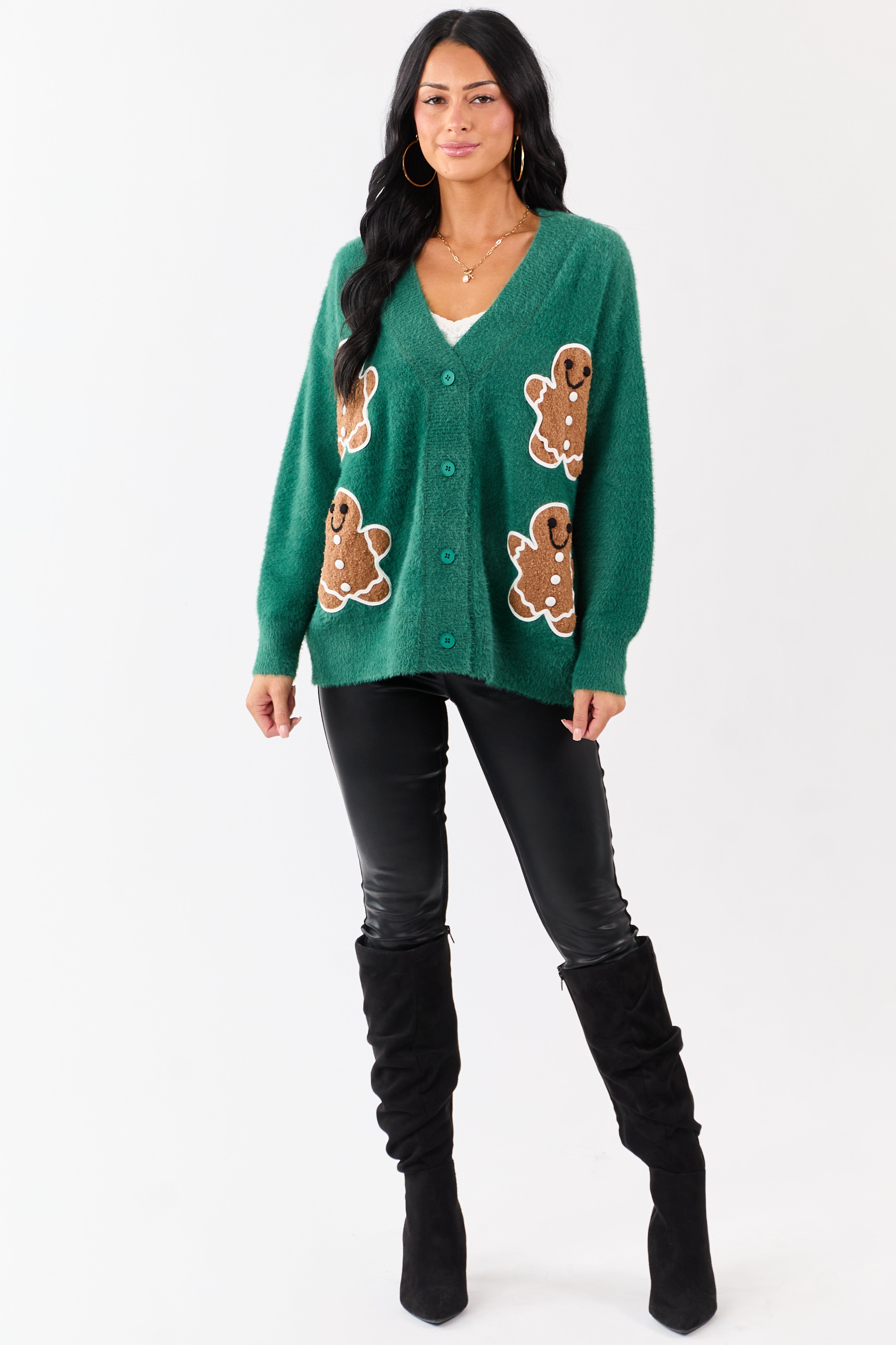 Pine Gingerbread Graphic Relaxed Eyelash Knit Cardigan