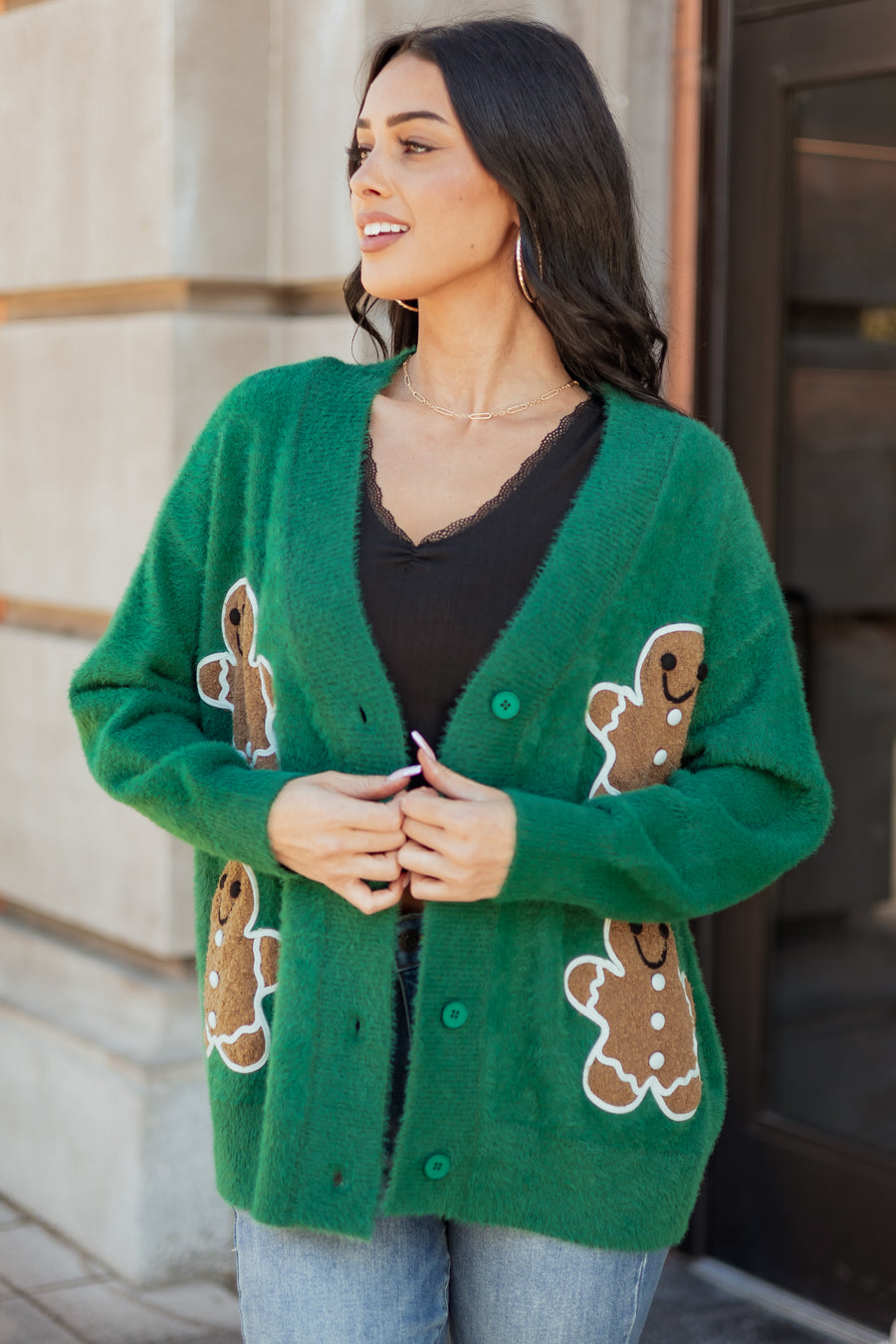 Pine Gingerbread Graphic Relaxed Eyelash Knit Cardigan