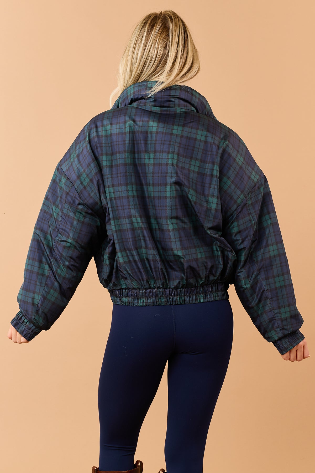 Pine Green Plaid Zip Up Mock Neck Puffer Jacket