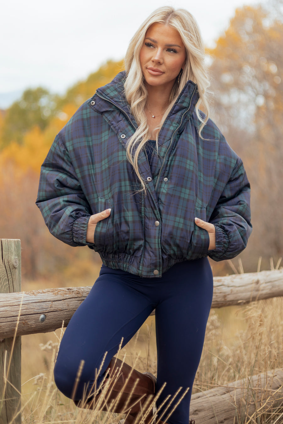 Pine Green Plaid Zip Up Mock Neck Puffer Jacket
