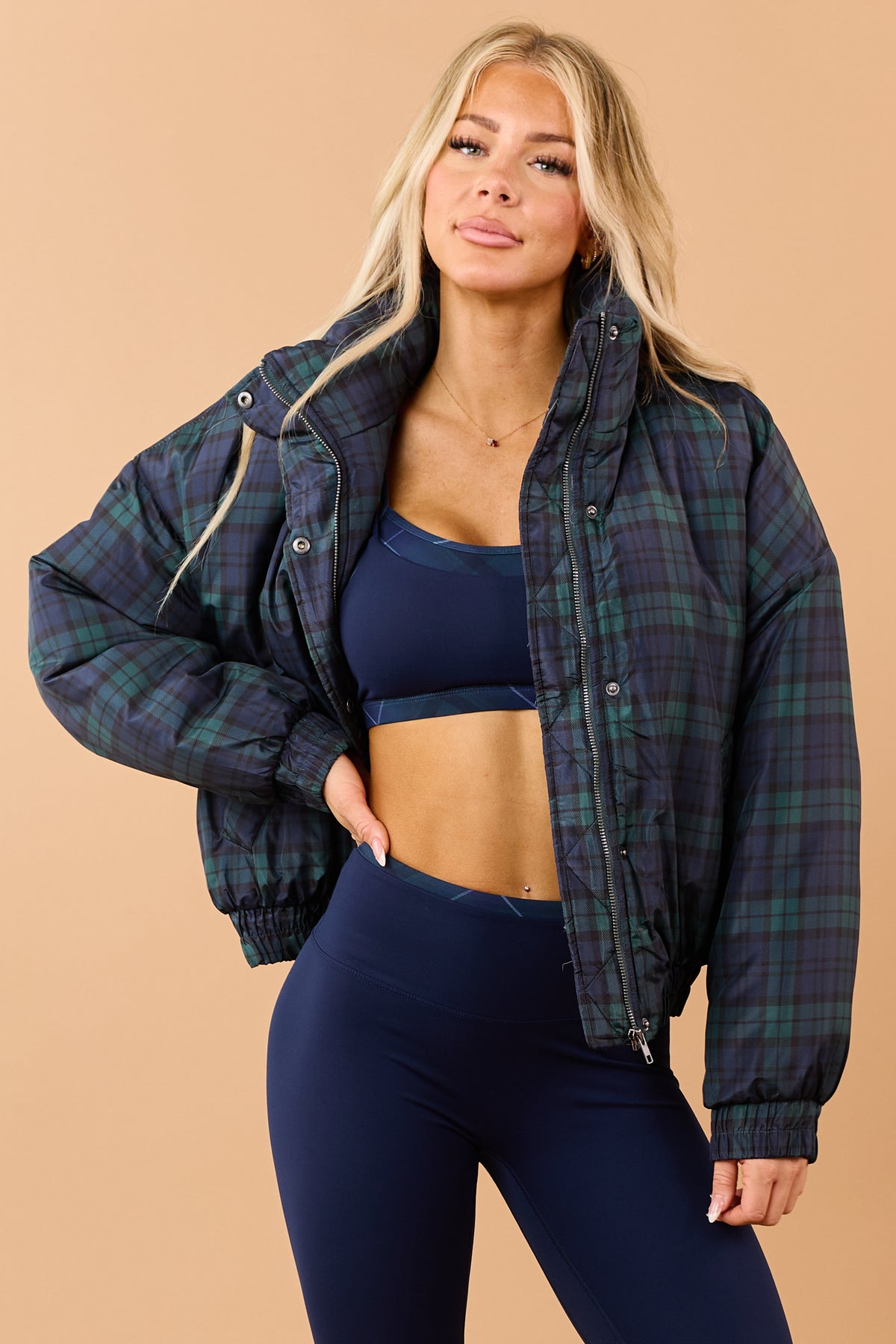 Pine Green Plaid Zip Up Mock Neck Puffer Jacket